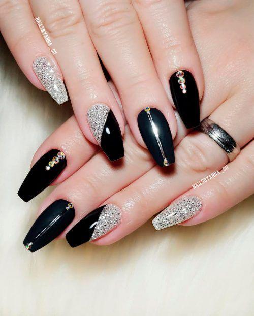 Black and Silver Glitter Acrylic Nails