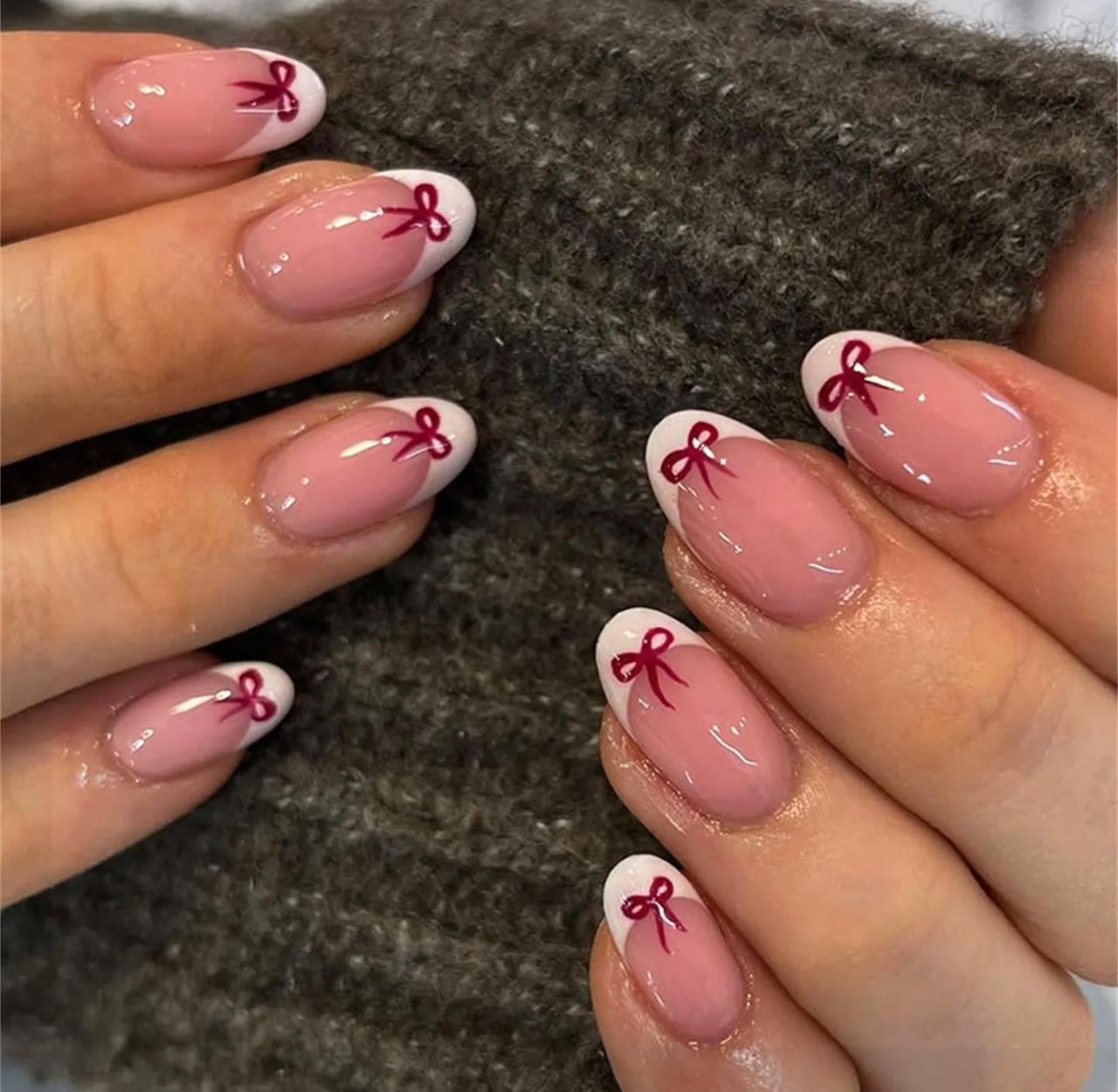 Red Bow French Tip Nails