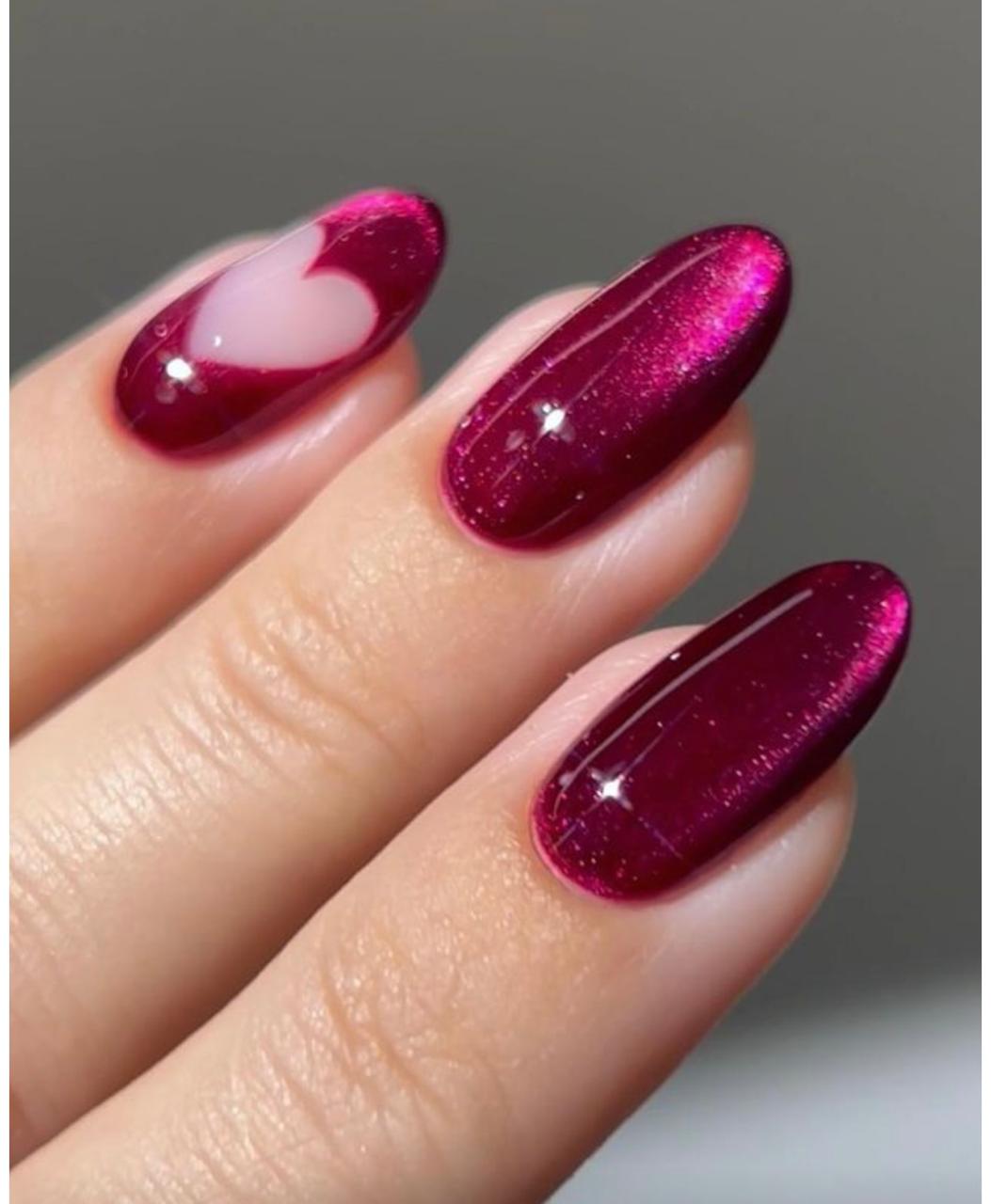 Glossy Magenta Heart  cat eye Nail Art