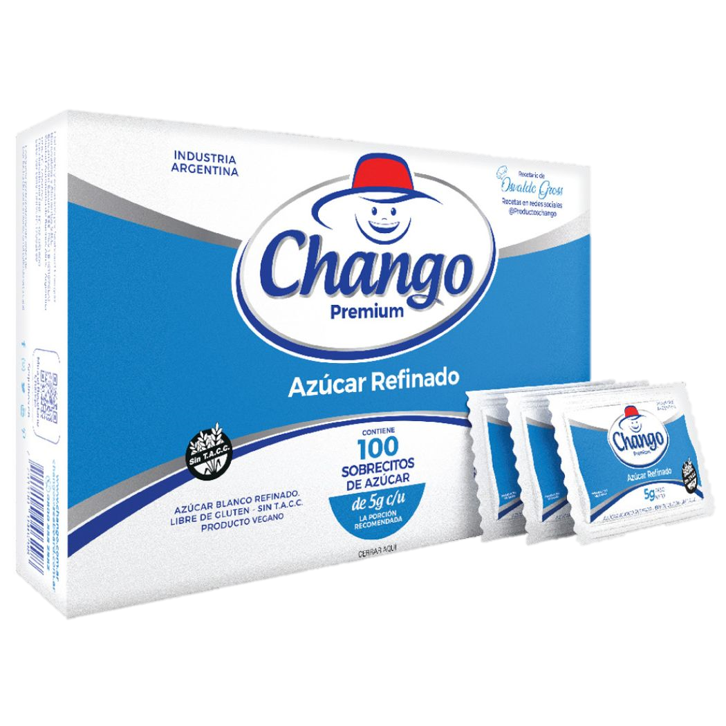 Sobres de Azúcar Refinado CHANGO - presentación de 100 u x 5 g