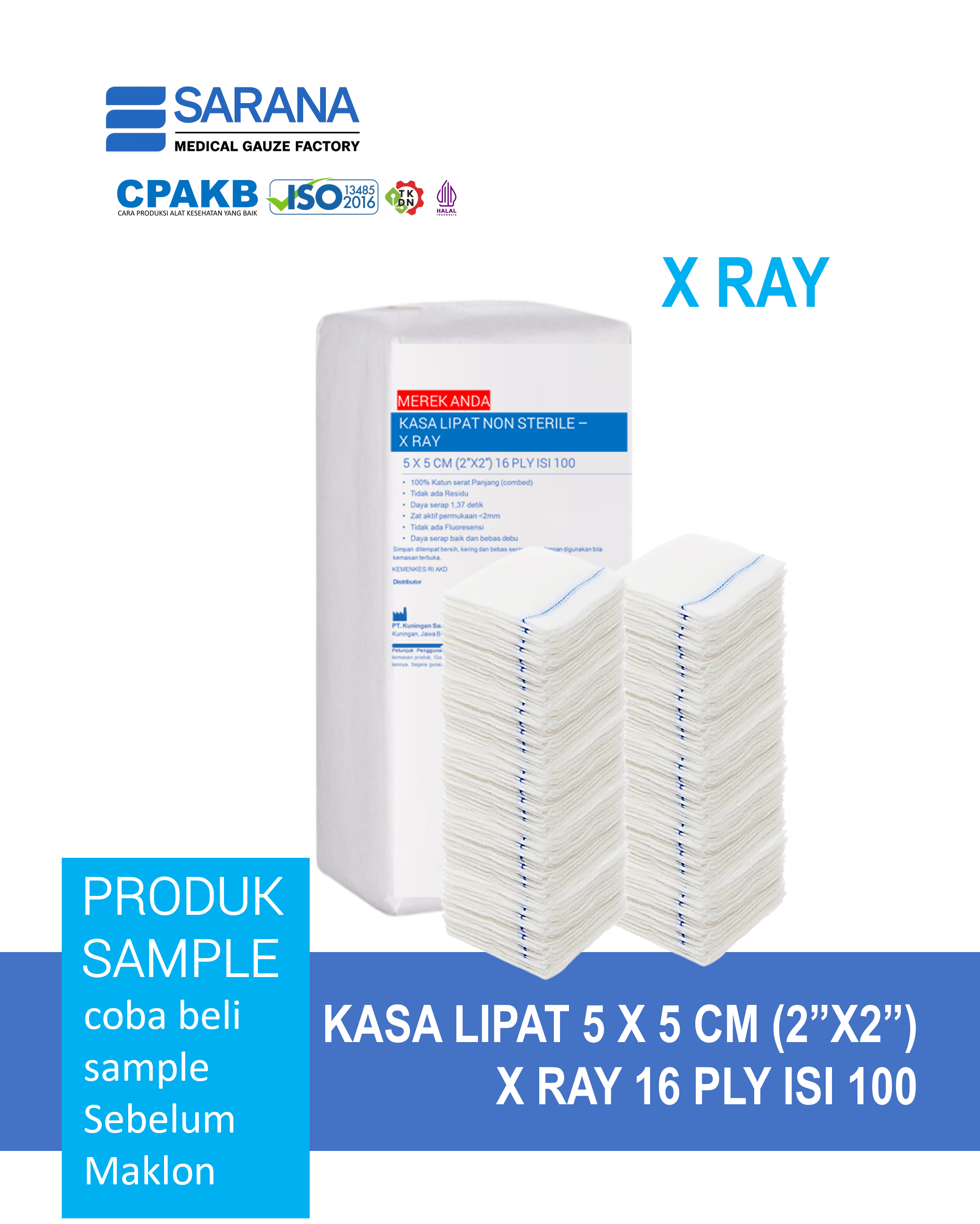 Kasa Lipat Non Sterile 5 x 5 cm (2"x2")  X RAY  16 Ply Isi 100
