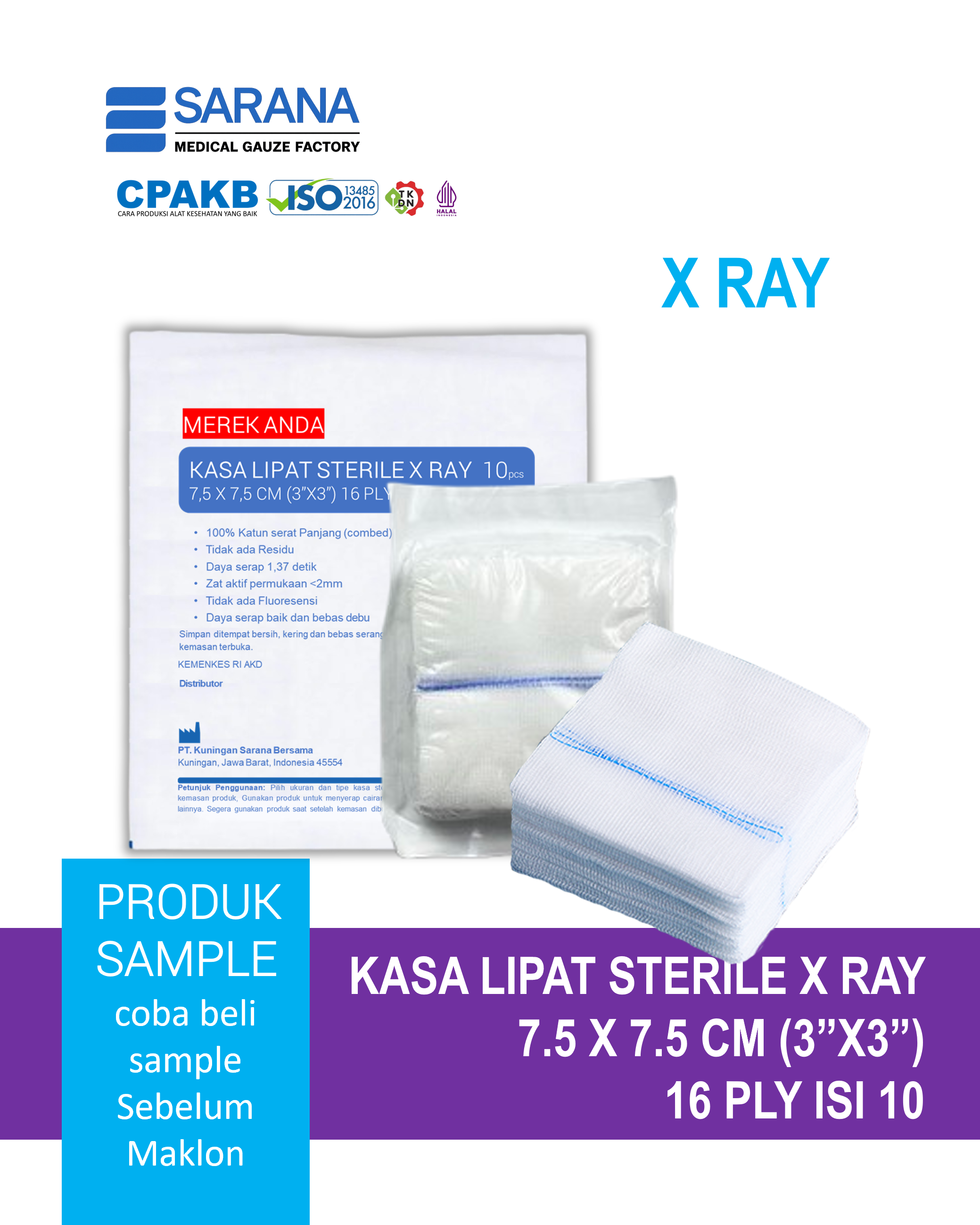 Kasa Lipat Sterile 7.5 x 7.5 cm (3"x3")  X RAY 16 Ply Isi 10