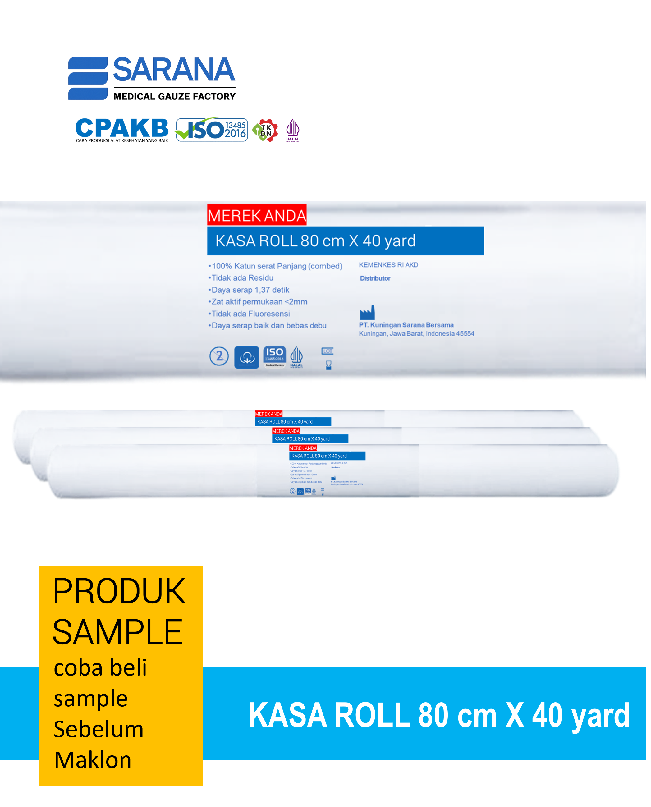 Kasa Roll 80 cm x 40 yard  Grade Super - 100% Katun Serat Panjang (Combed)