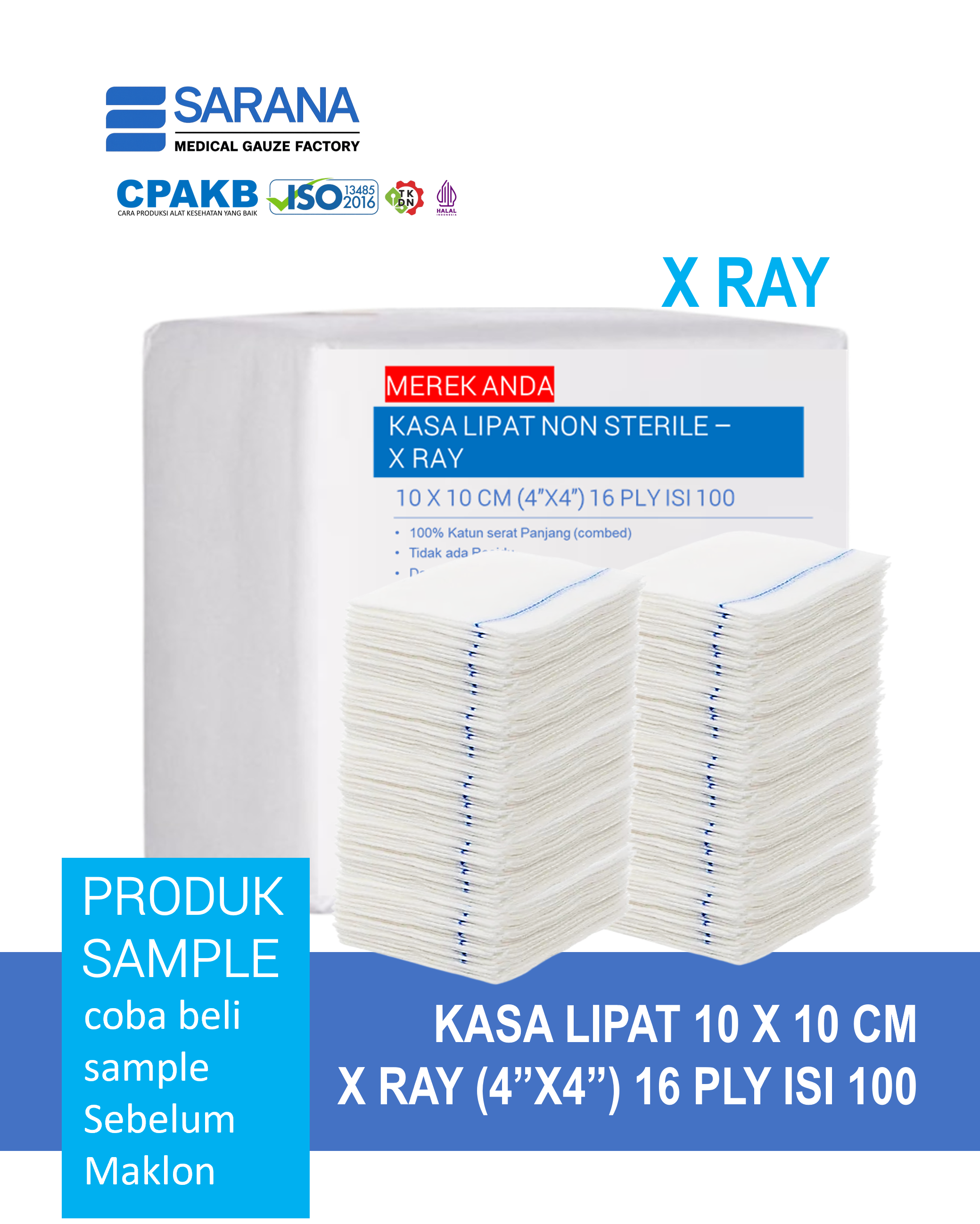 Kasa Lipat Non Sterile 10 x 10 cm (4"x4") X RAY  16 Ply Isi 100