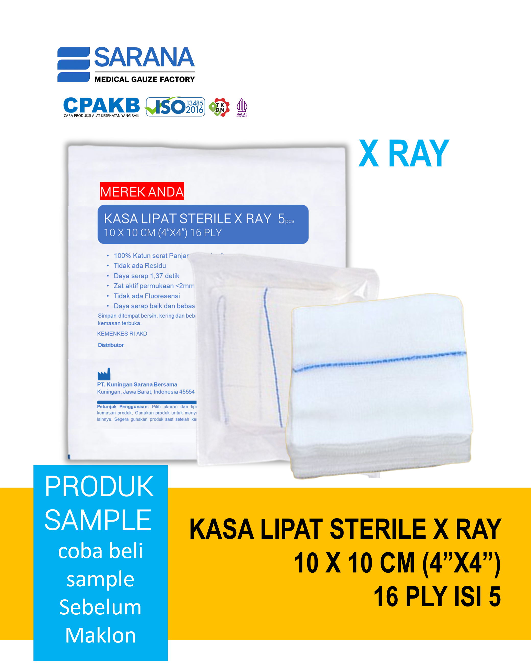 Kasa Lipat Sterile 10 x 10 cm (4"x4") X RAY  16 Ply Isi 5