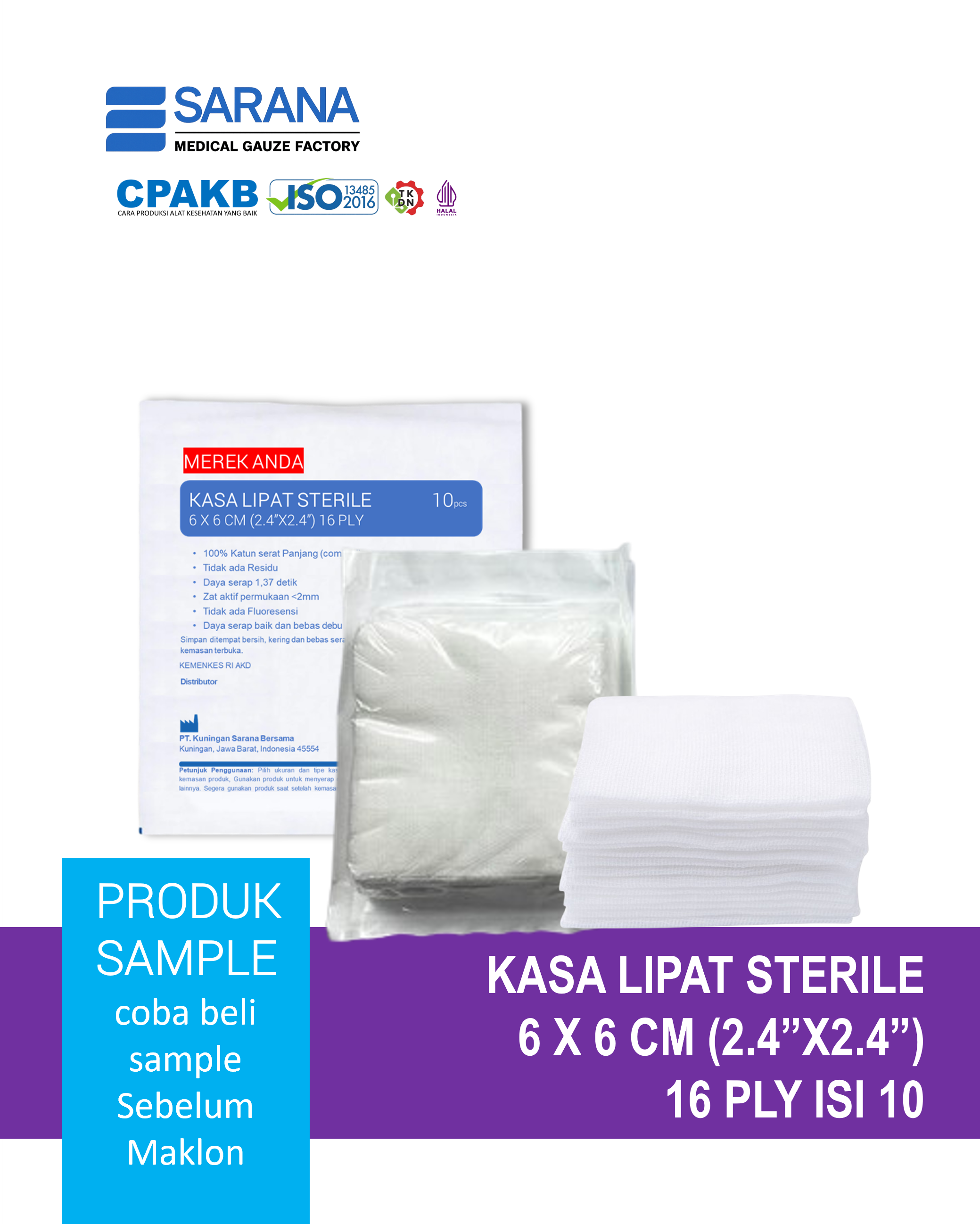 Kasa Lipat   Sterile 6 x 6 cm (2.4"x2.4")  16 Ply Isi 10