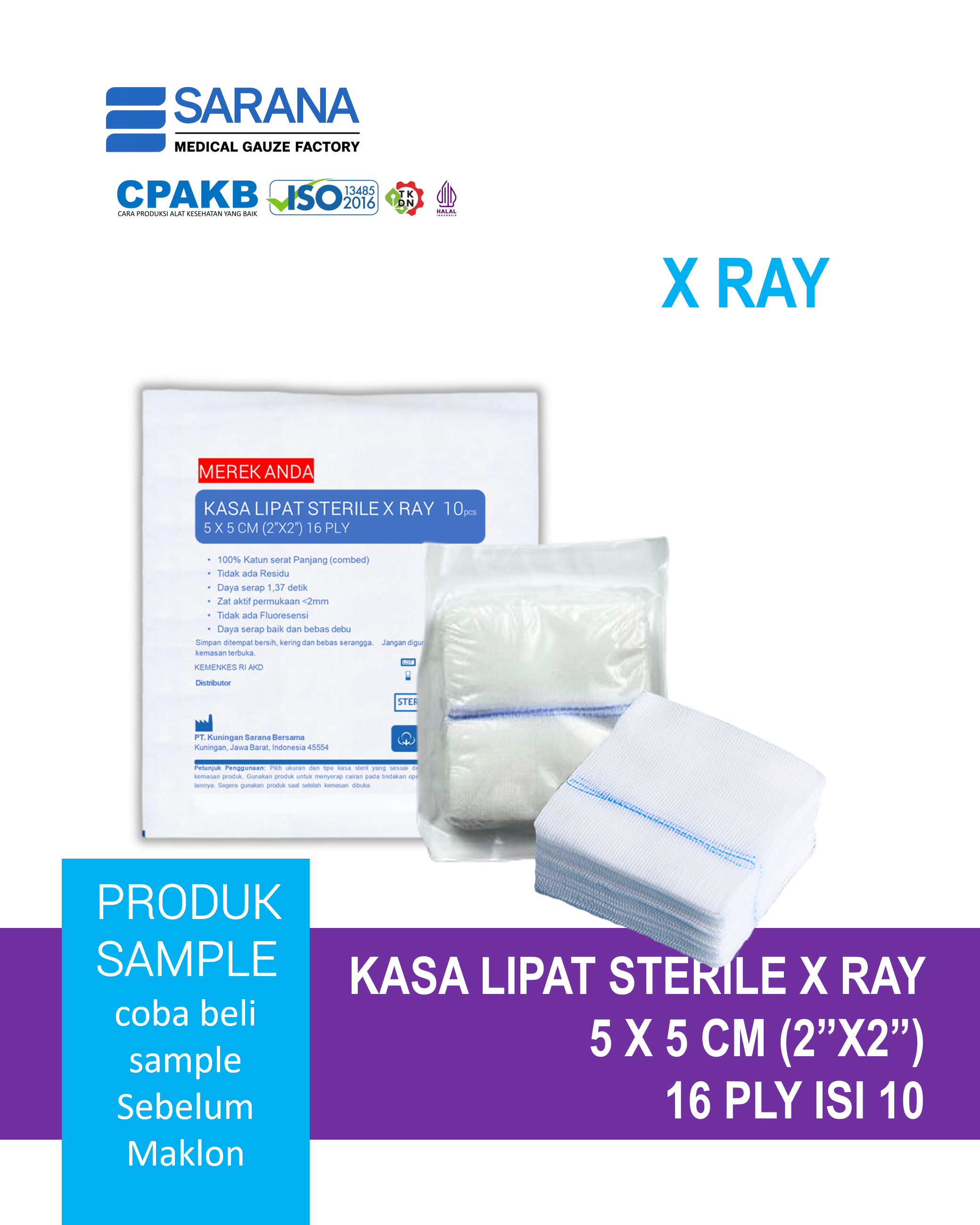 Kasa Lipat  Sterile 5 x 5 cm (2"x2")  X RAY  16 Ply Isi 10
