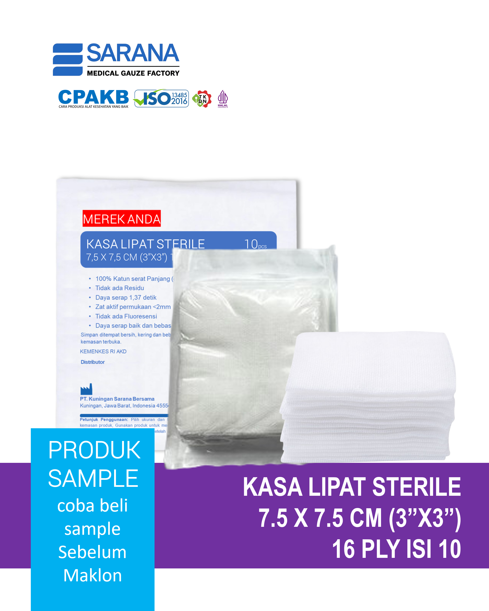 Kasa Lipat Sterile 7.5 x 7.5 cm (3"x3")  16 Ply Isi 10