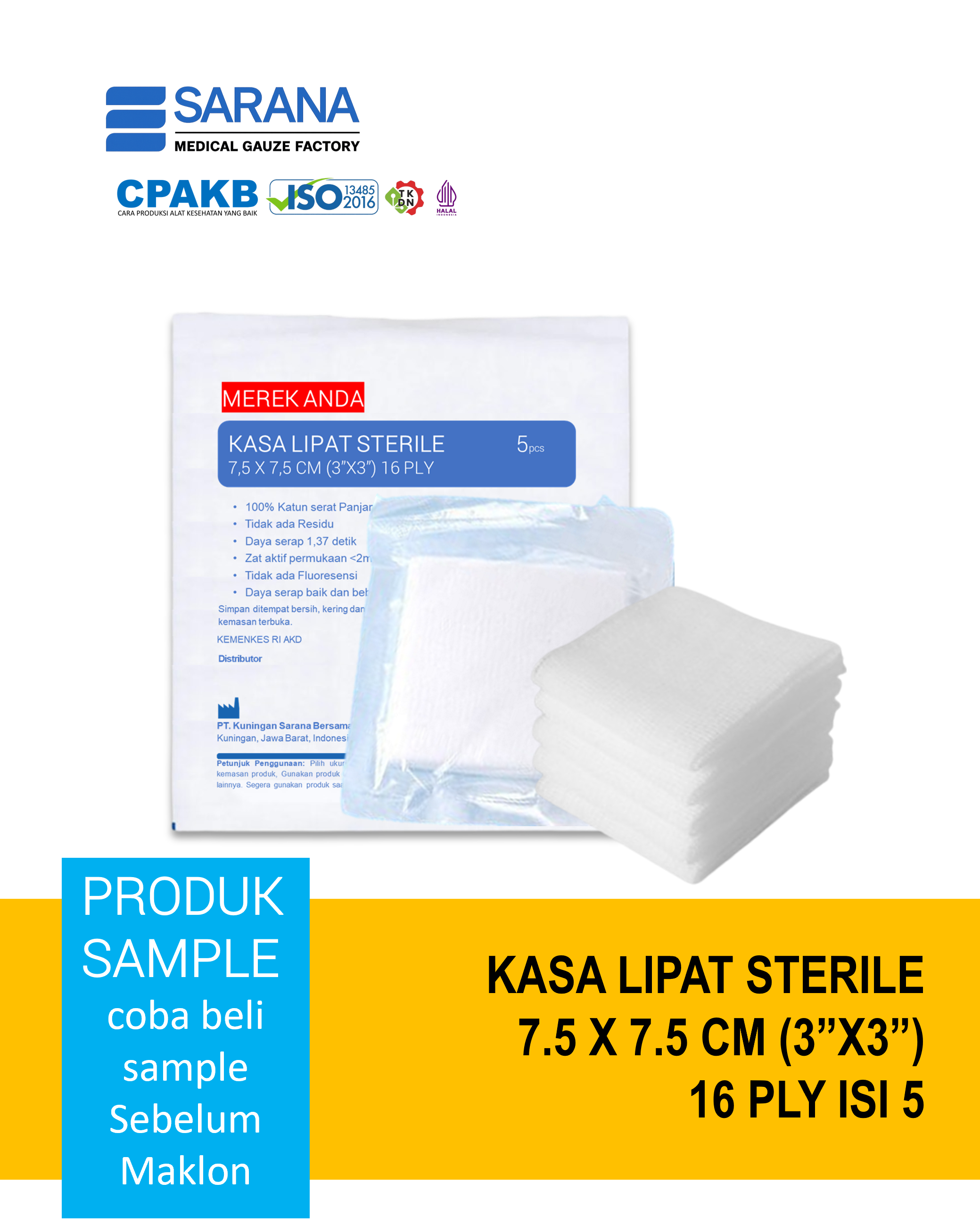 Kasa Lipat Sterile 7.5 x 7.5 cm (3"x3")  16 Ply Isi 5