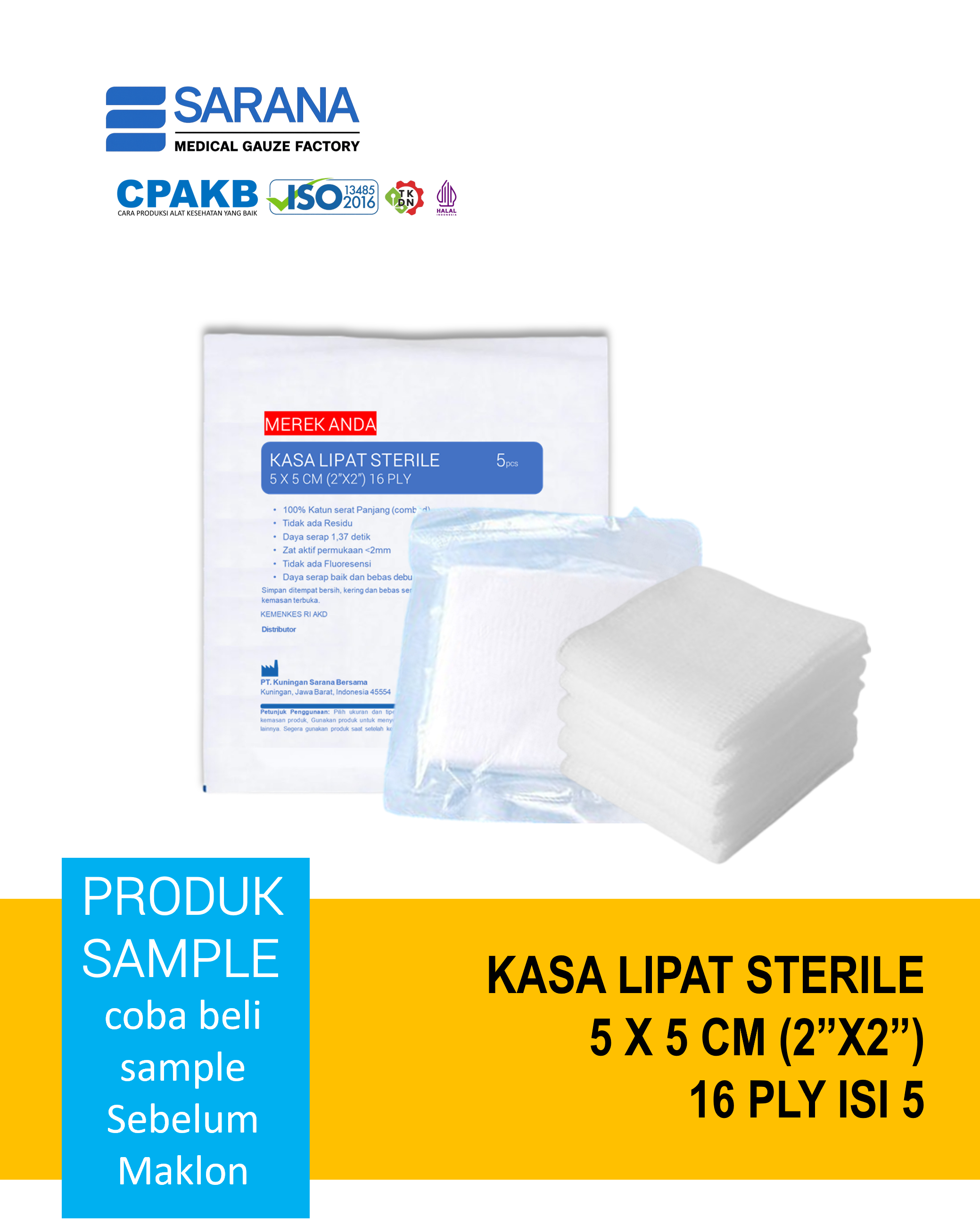 Kasa Lipat   Sterile 5 x 5 cm (2"x2")  16 Ply Isi 5