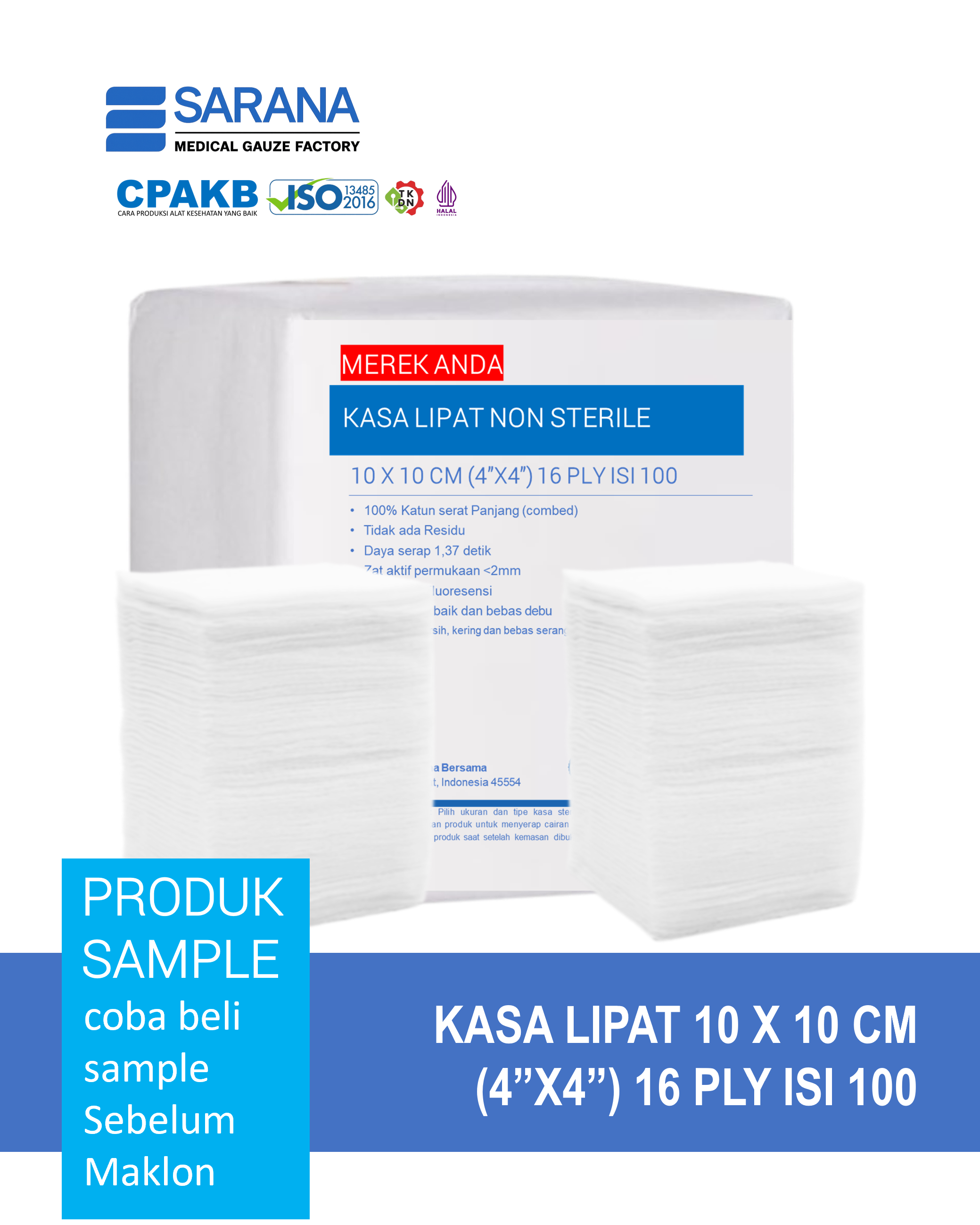 Kasa Lipat Non Sterile 10 x 10 cm (4"x4")  16 Ply Isi 100