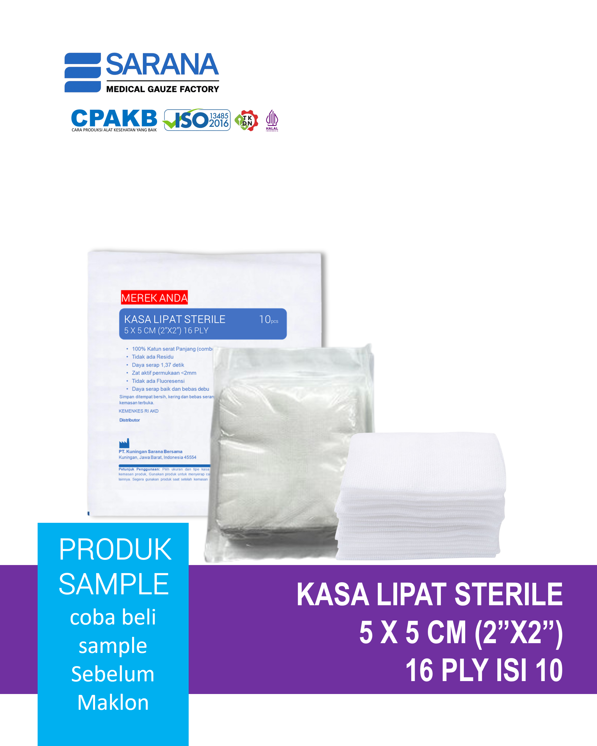 Kasa Lipat   Sterile 5 x 5 cm (2"x2")  16 Ply Isi 5