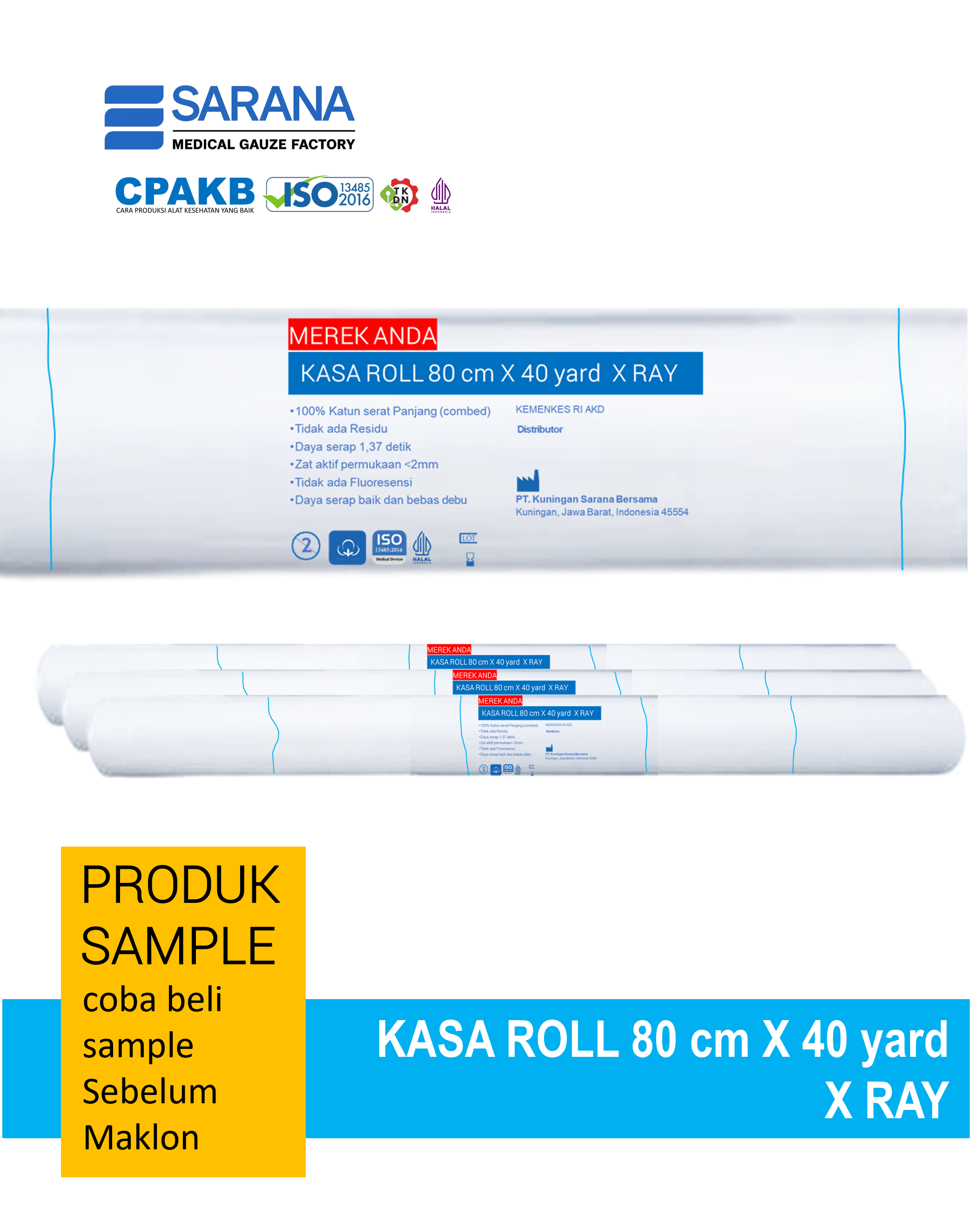 Kasa Roll 80 cm x 40 yard Grade Super - 100% Katun Serat Panjang (Combed)  XRAY