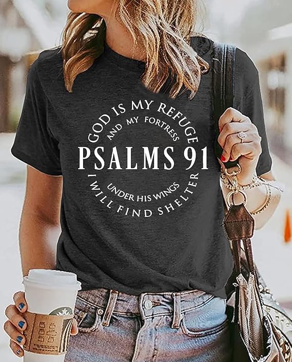Psalms 91 Jesus Love T-Shirt Women Funny Letter Print Religious Christian Shirt Short Sleeve Casual Blessed Tees Tops