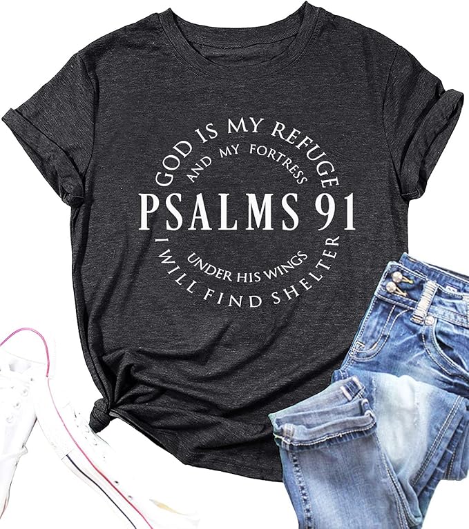 Psalms 91 Jesus Love T-Shirt Women Funny Letter Print Religious Christian Shirt Short Sleeve Casual Blessed Tees Tops