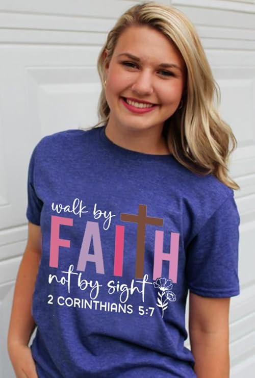 Women Mountain Sunrise Adventure Shirt Hiking Camping Workout T Loose Fit Activewear We Walk By Faith