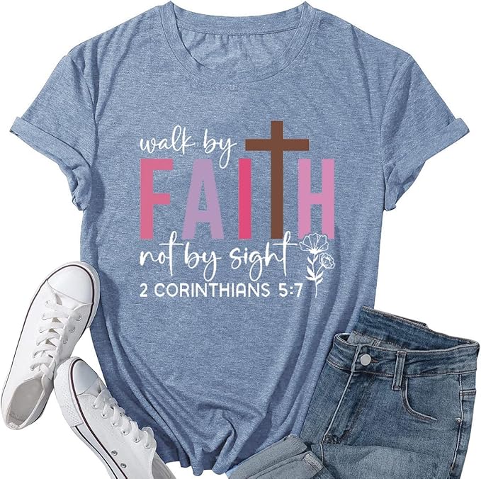 Women Mountain Sunrise Adventure Shirt Hiking Camping Workout T Loose Fit Activewear We Walk By Faith