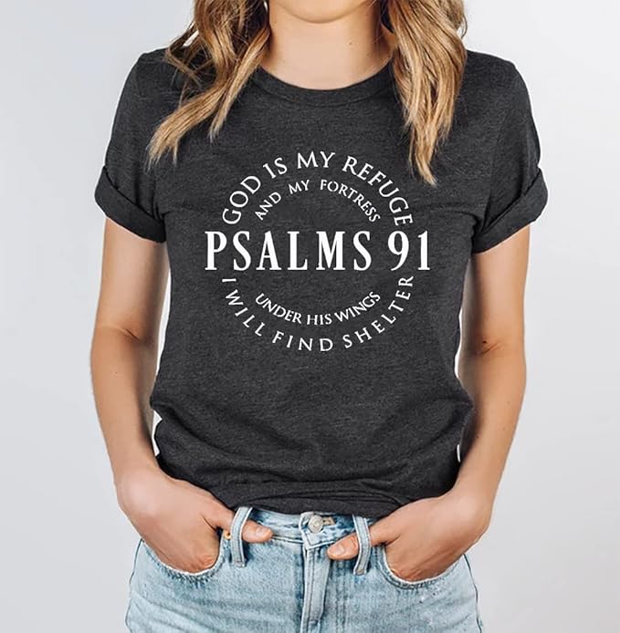 Psalms 91 Jesus Love T-Shirt Women Funny Letter Print Religious Christian Shirt Short Sleeve Casual Blessed Tees Tops