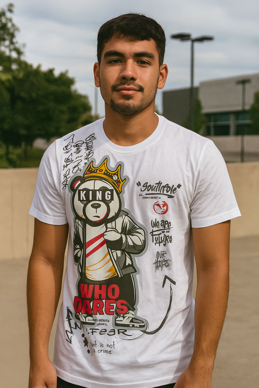 Camiseta blanca con diseño de oso rey