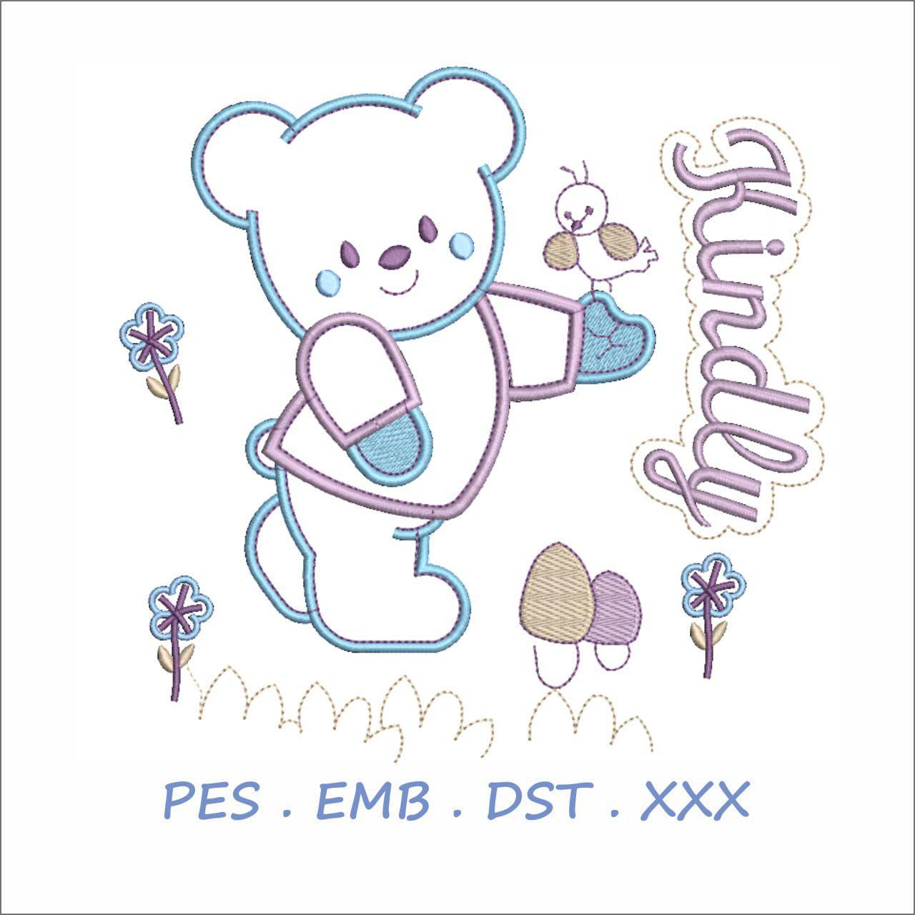Kindly Bear with Bird & Flowers Embroidery Design | Line Art Baby Animal |