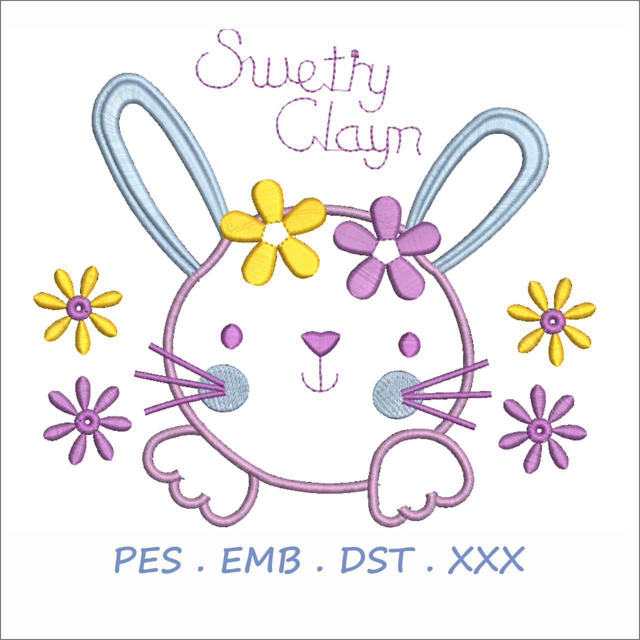 Sweet Bunny with Flowers Embroidery Design | Cute Spring Rabbit Face |