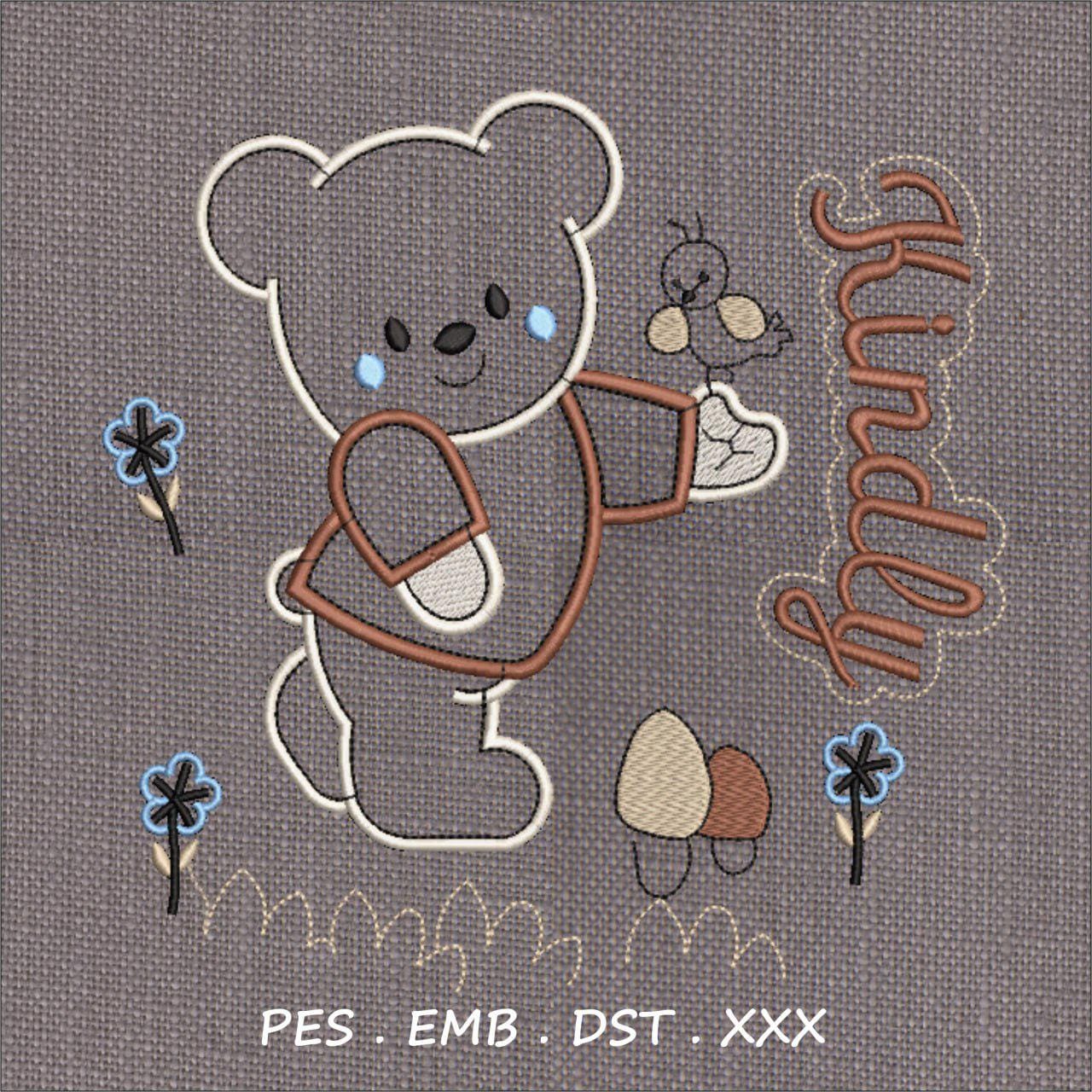Kindly Bear with Bird & Flowers Embroidery Design | Line Art Baby Animal |
