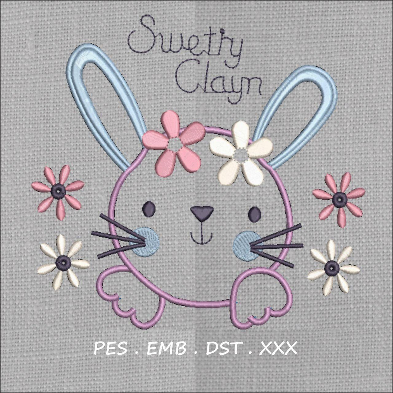 Sweet Bunny with Flowers Embroidery Design | Cute Spring Rabbit Face |