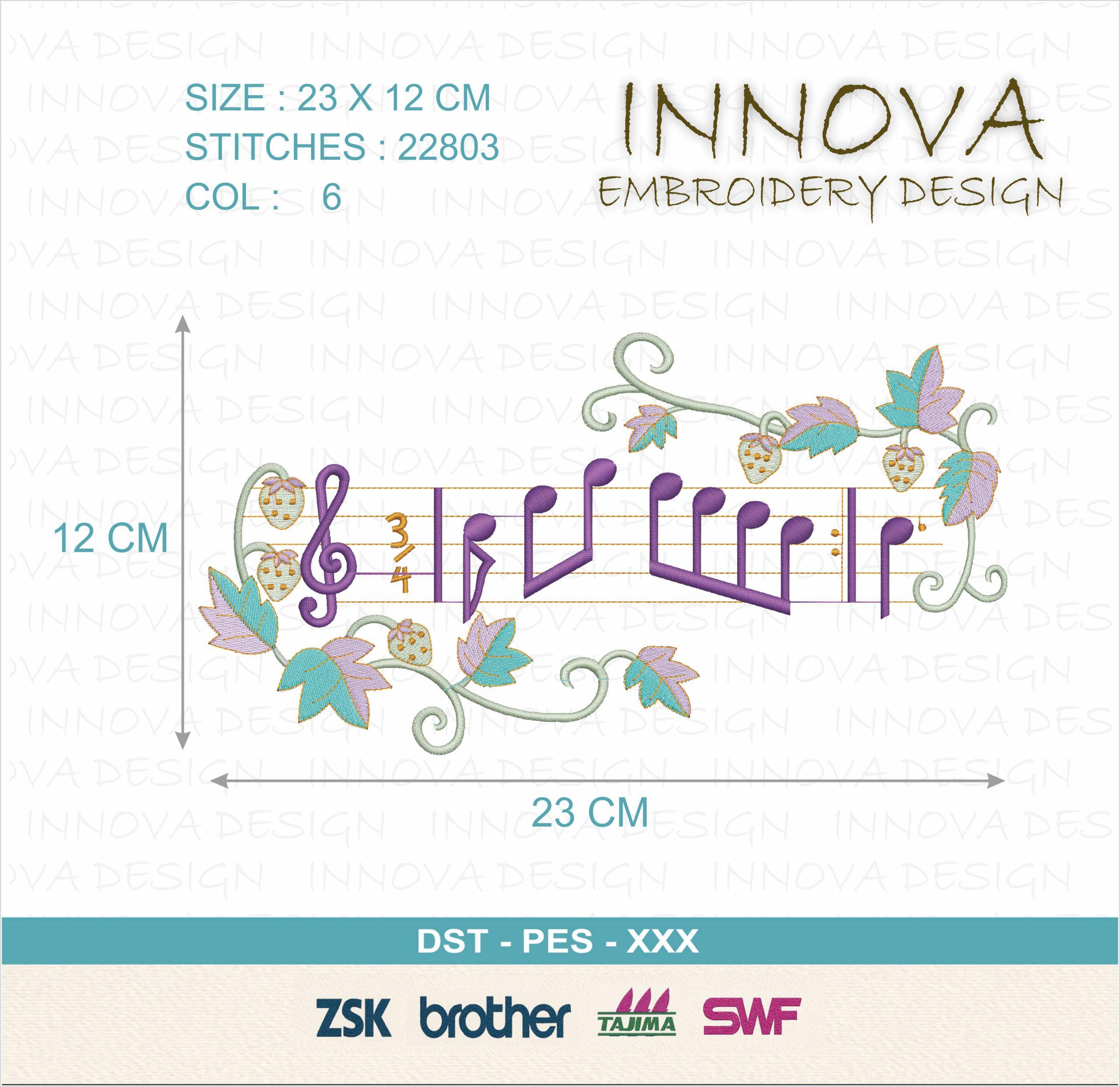 Music Notes Floral Embroidery Design
