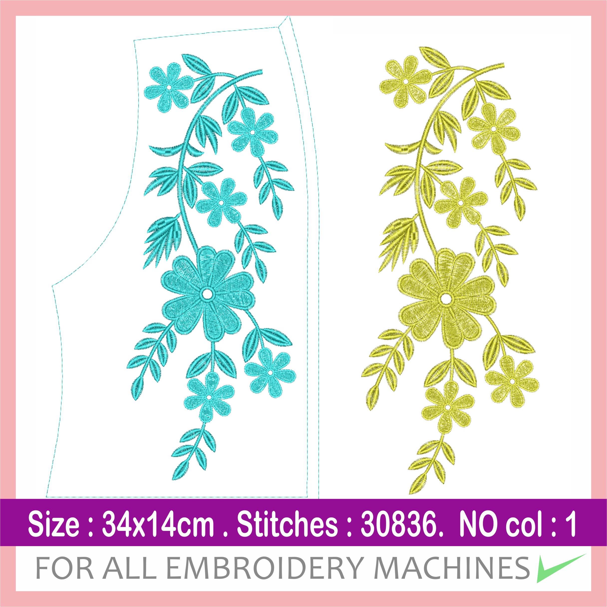 Floral Side Embroidery Design – 34x14cm – 1 Color – DST File – Sleeve or Kurti Border – Instant Download