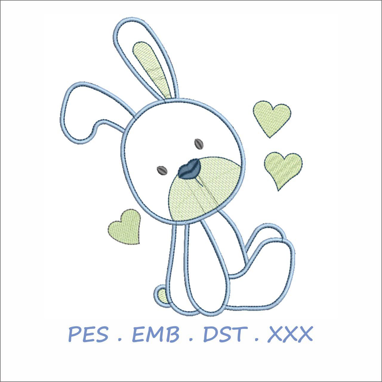 Minimalist Blue Bunny with Green Hearts Embroidery Design | Baby Animal Line Art |