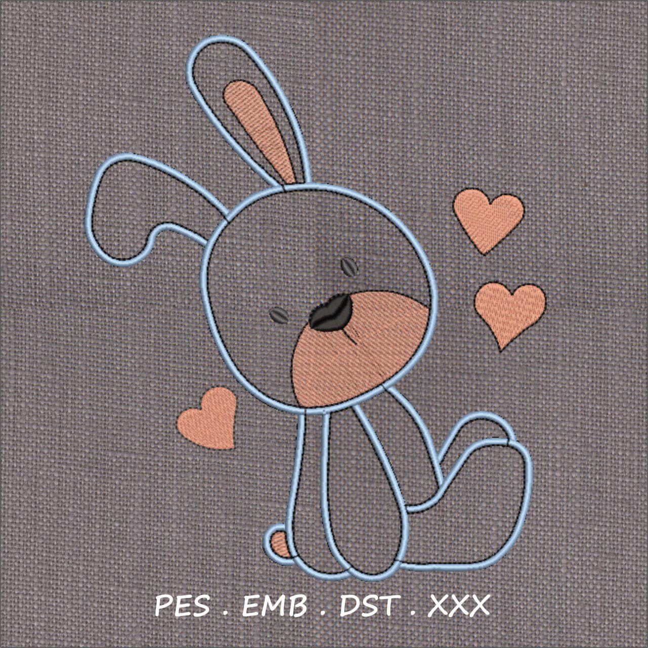 Minimalist Blue Bunny with Green Hearts Embroidery Design | Baby Animal Line Art |