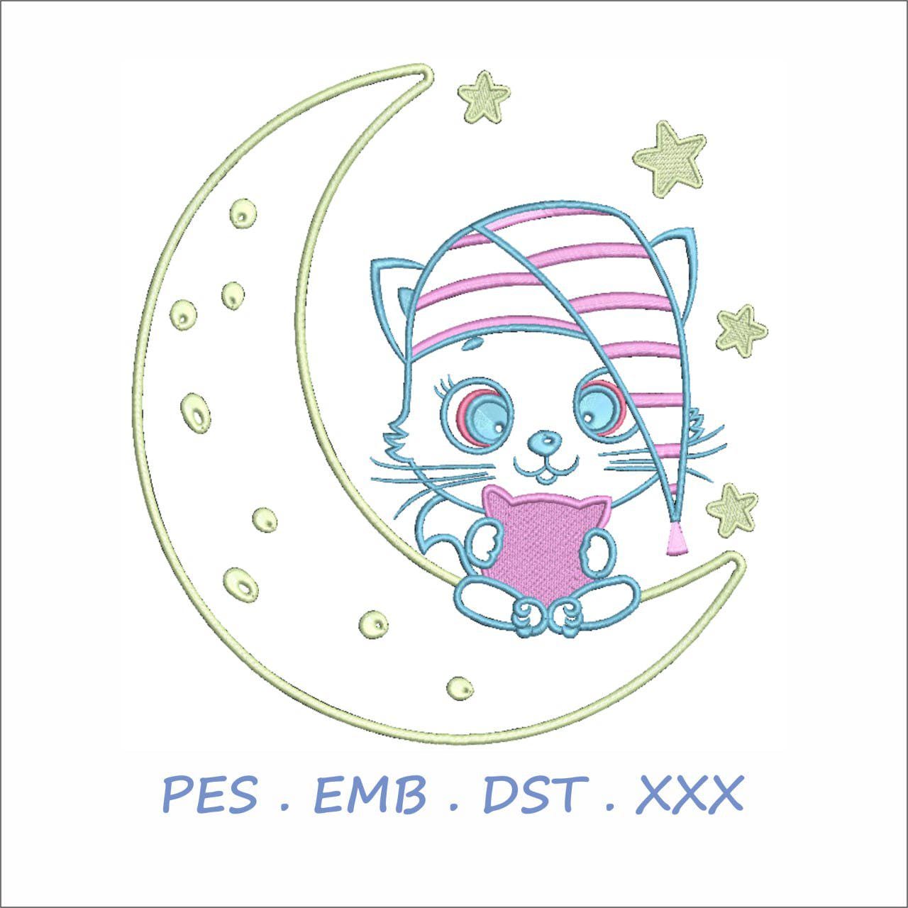 Sleepy Cat on Moon Embroidery Design | Bedtime Baby Theme