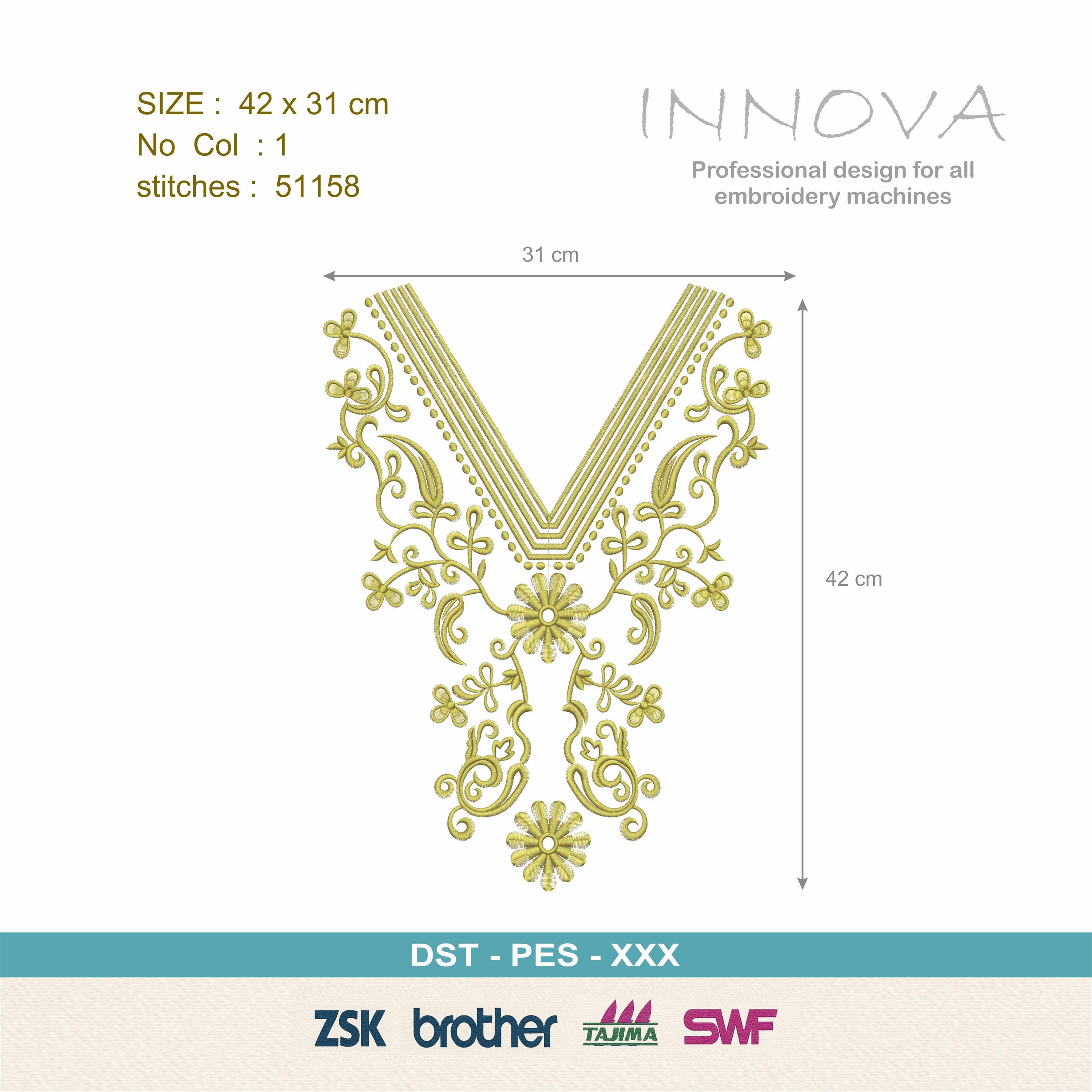 Graceful Floral V-Neck Embroidery Design - Digital Download