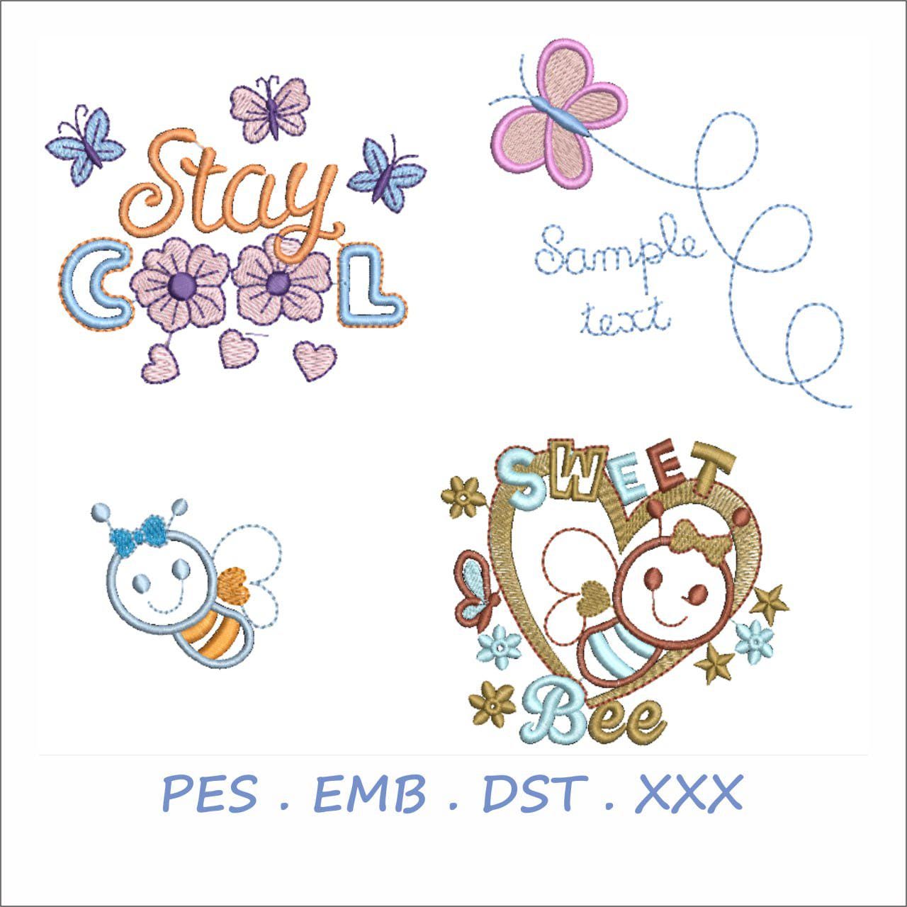 Sweet Bee & Butterfly Embroidery Design Set | Stay Cool Text Design