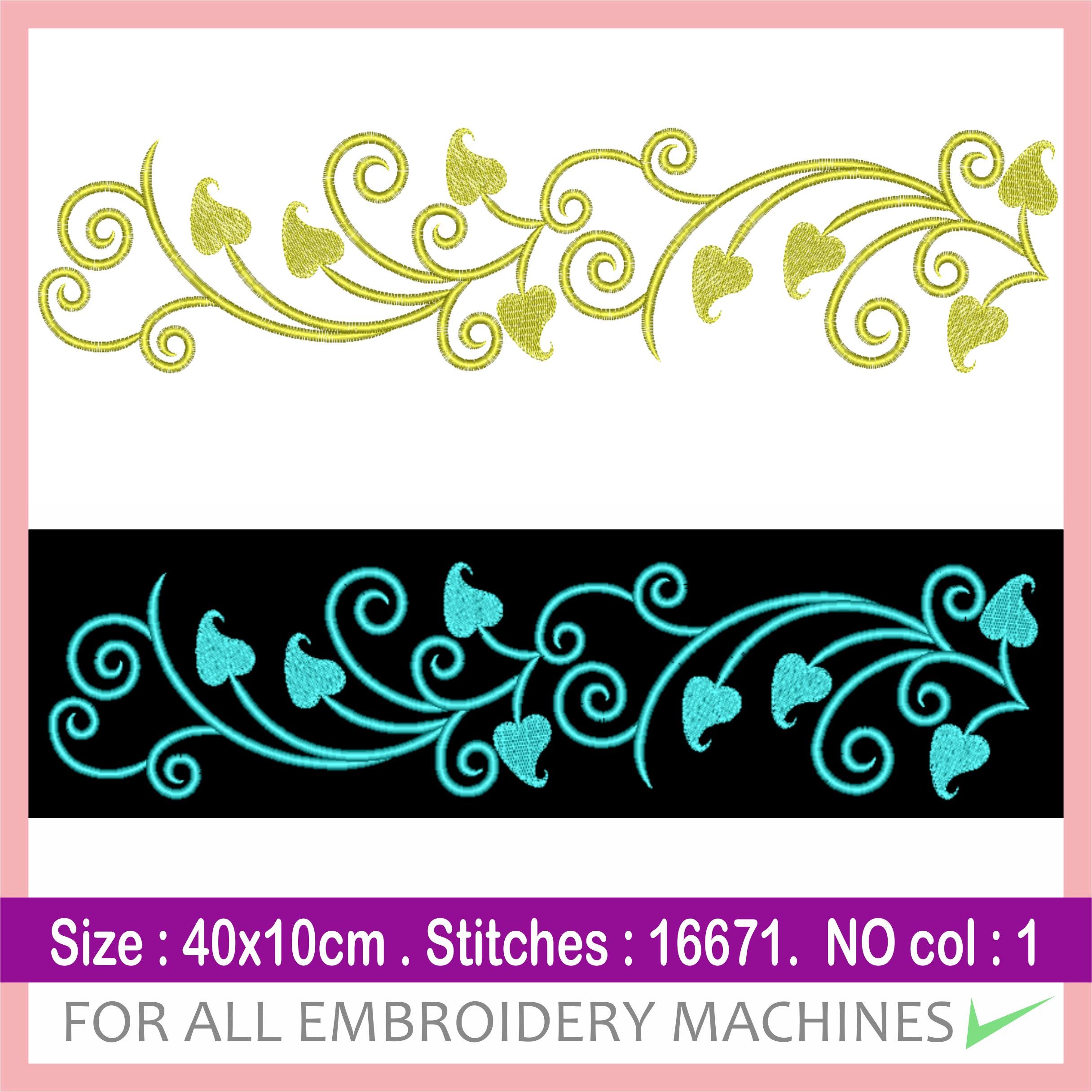 Floral Border Embroidery Design – 40x10cm – 1 Color – DST File – Decorative Swirl – Instant Download