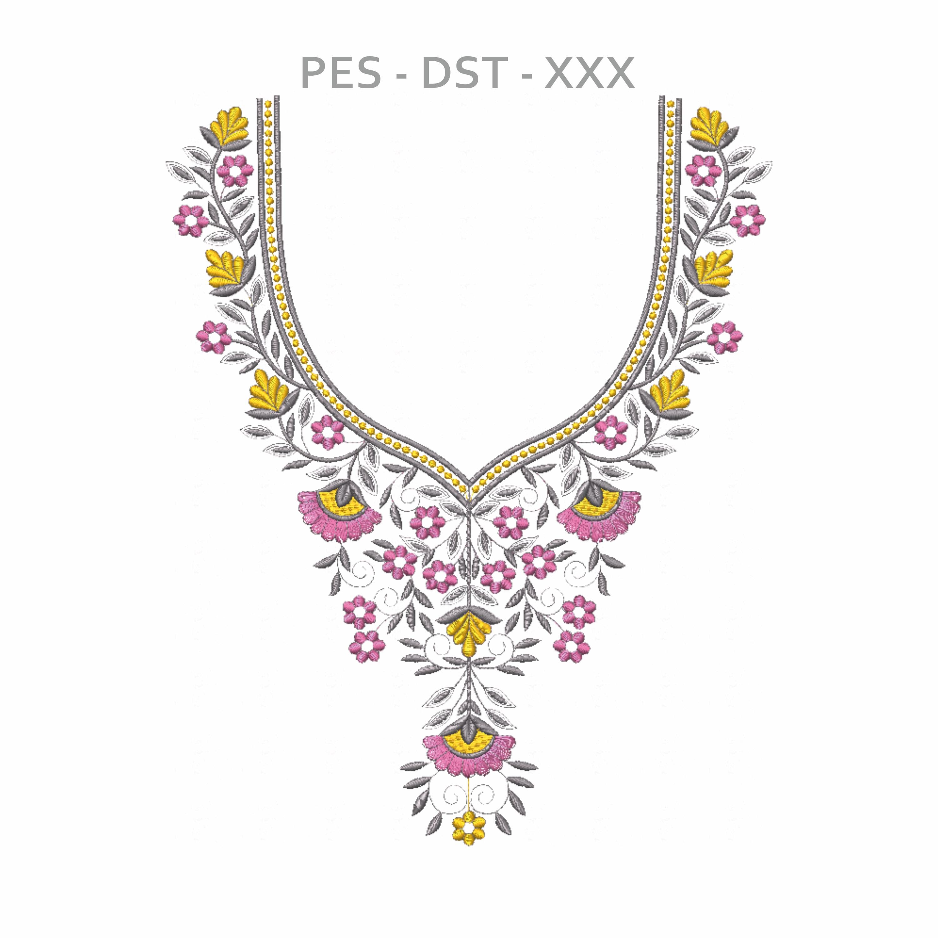 Floral and Lace V-Neck Embroidery Design - Digital Download