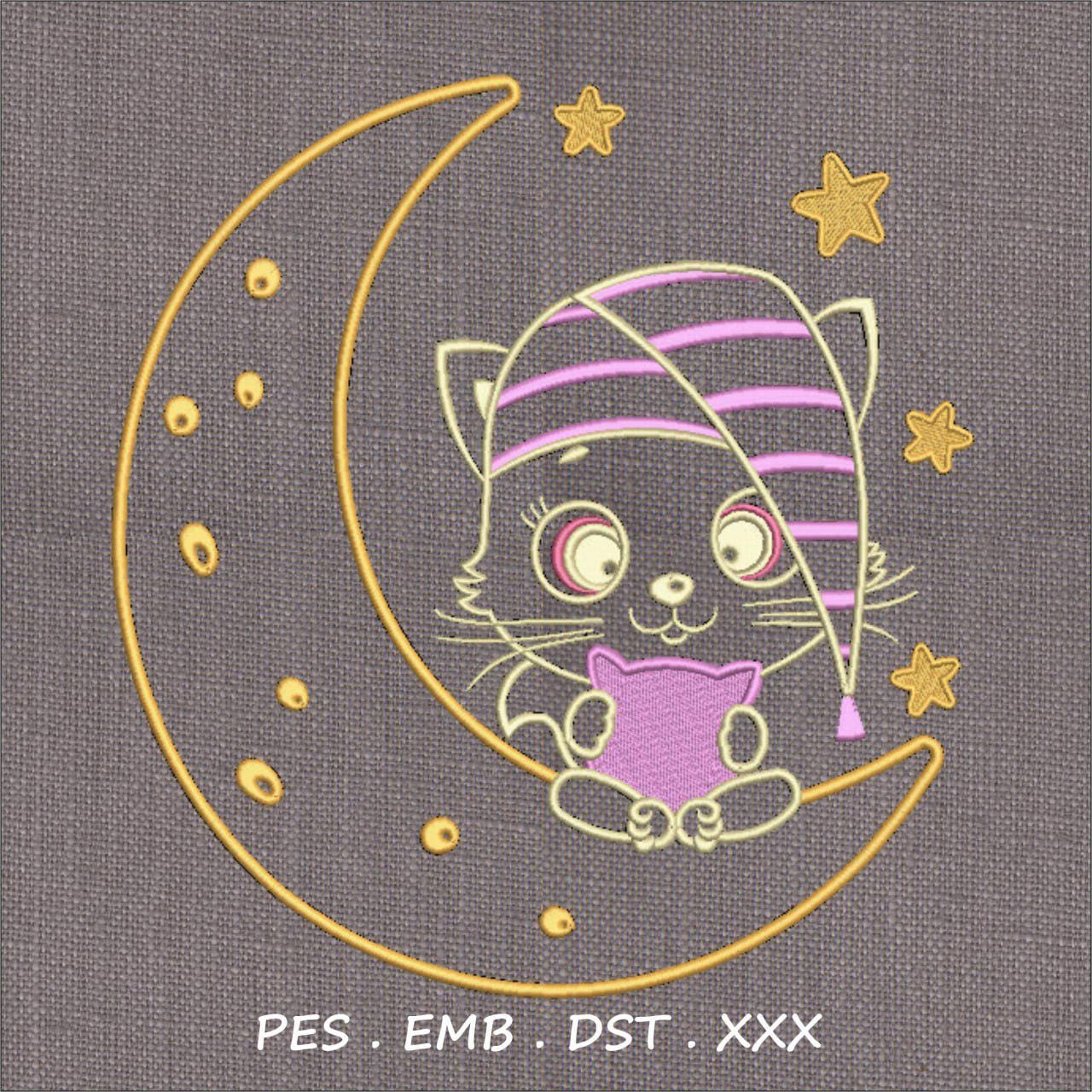 Sleepy Cat on Moon Embroidery Design | Bedtime Baby Theme