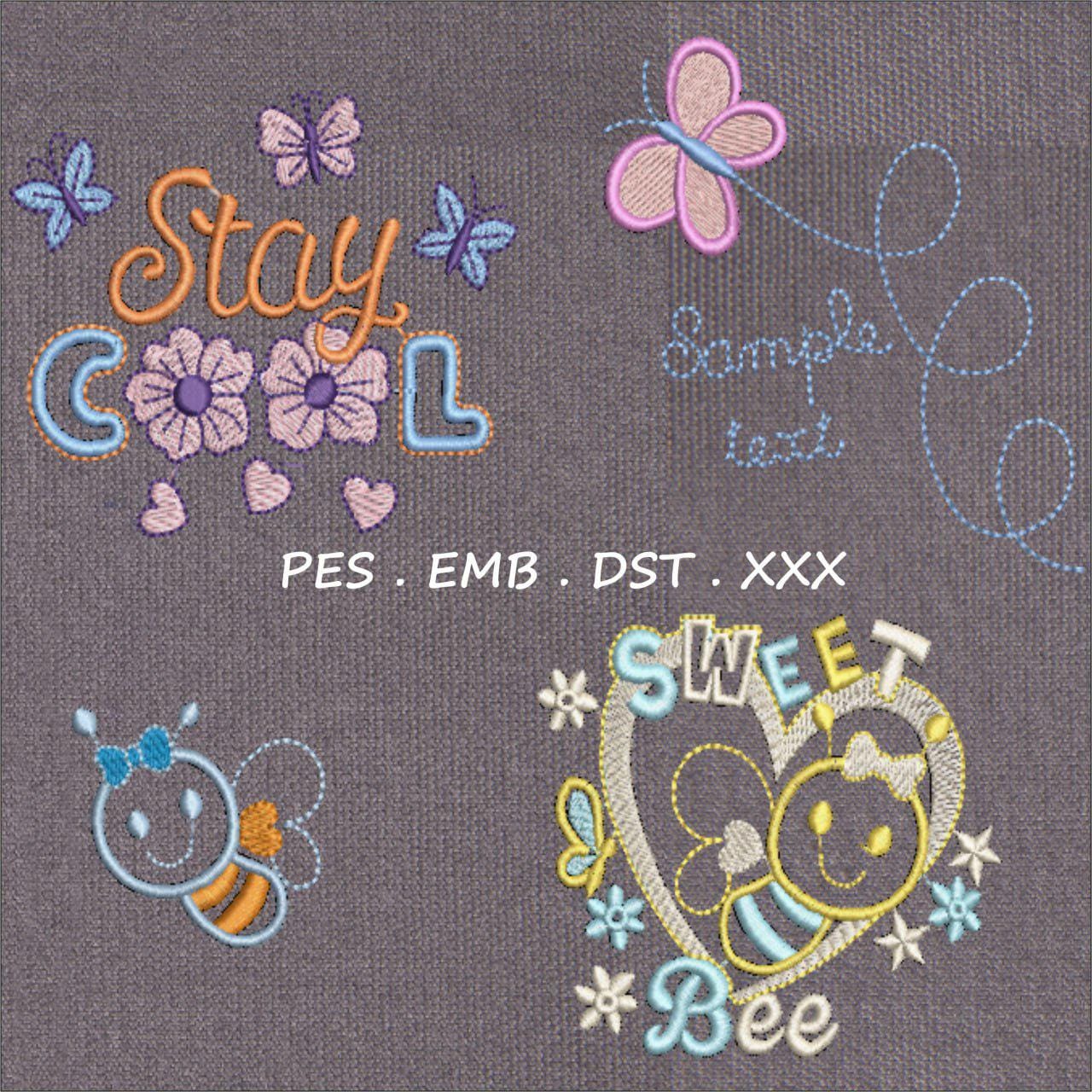 Sweet Bee & Butterfly Embroidery Design Set | Stay Cool Text Design