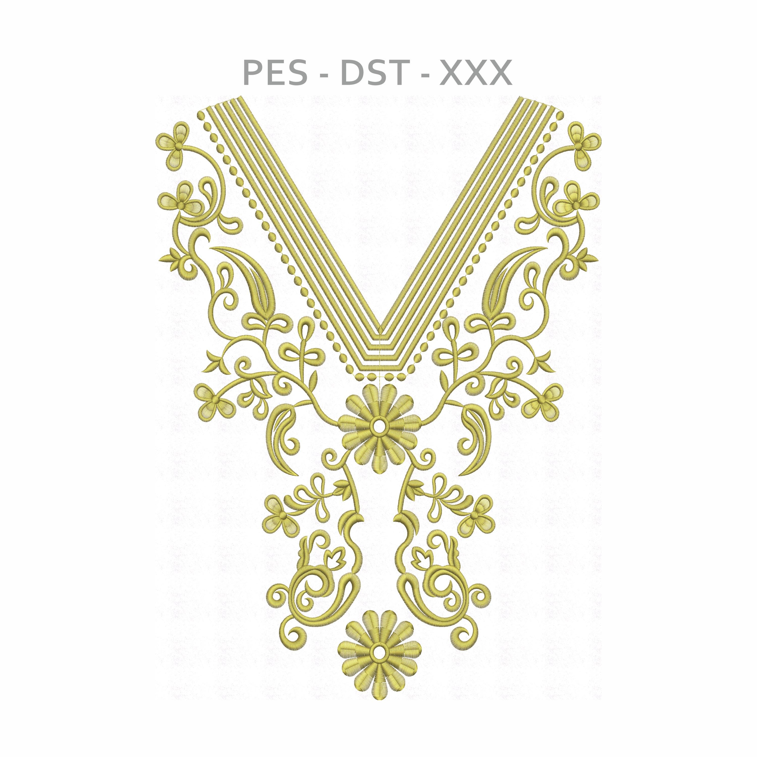 Graceful Floral V-Neck Embroidery Design - Digital Download