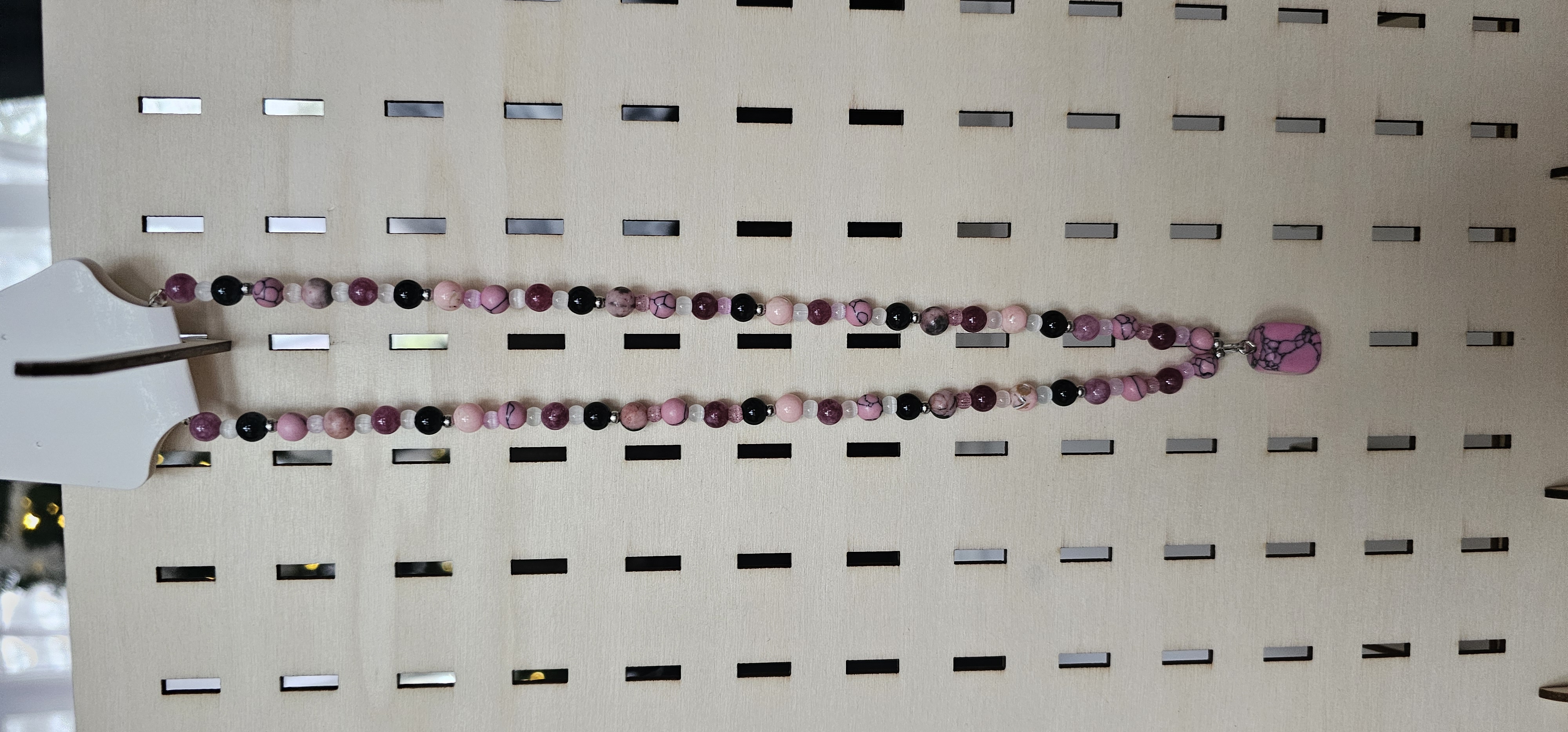 Pink Beaded Necklace with Pink Stone Pendant  