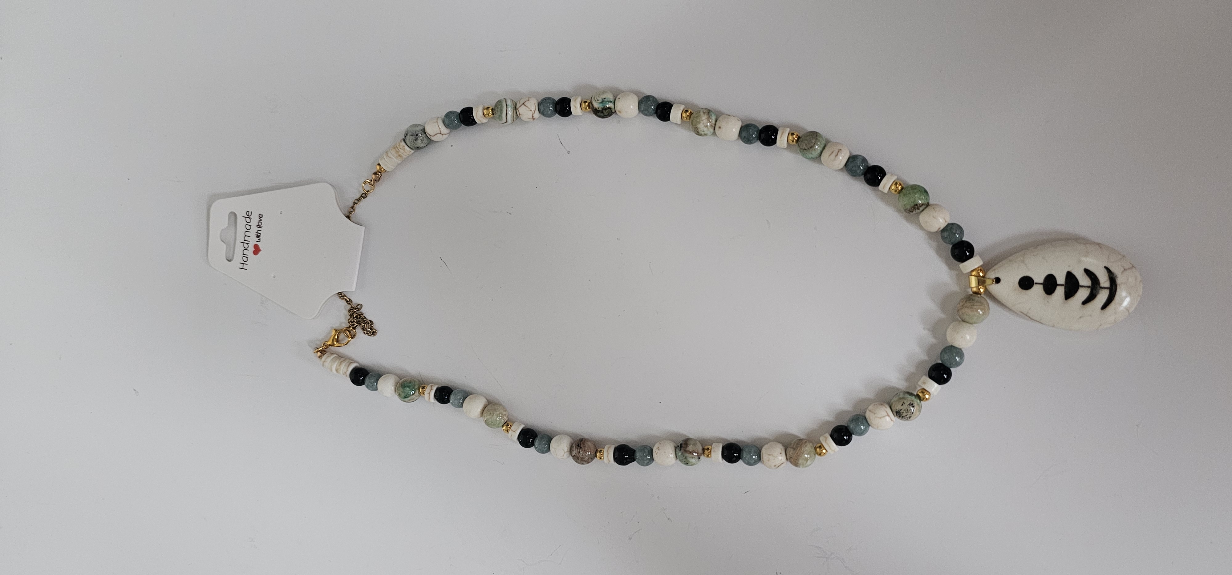 White Beaded Necklace with White Stone Pendant