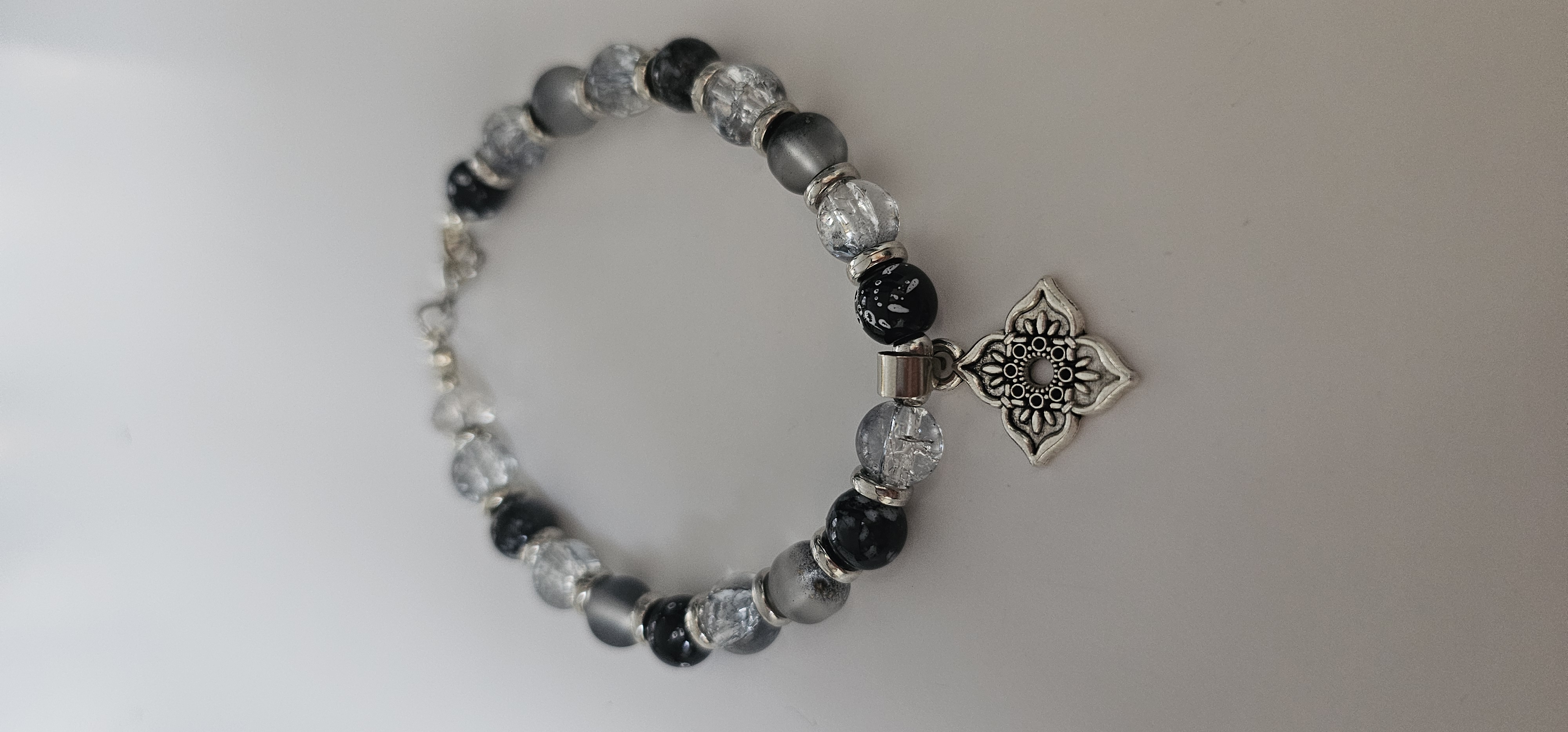 Silver Beaded Bracelet with Floral Charm 