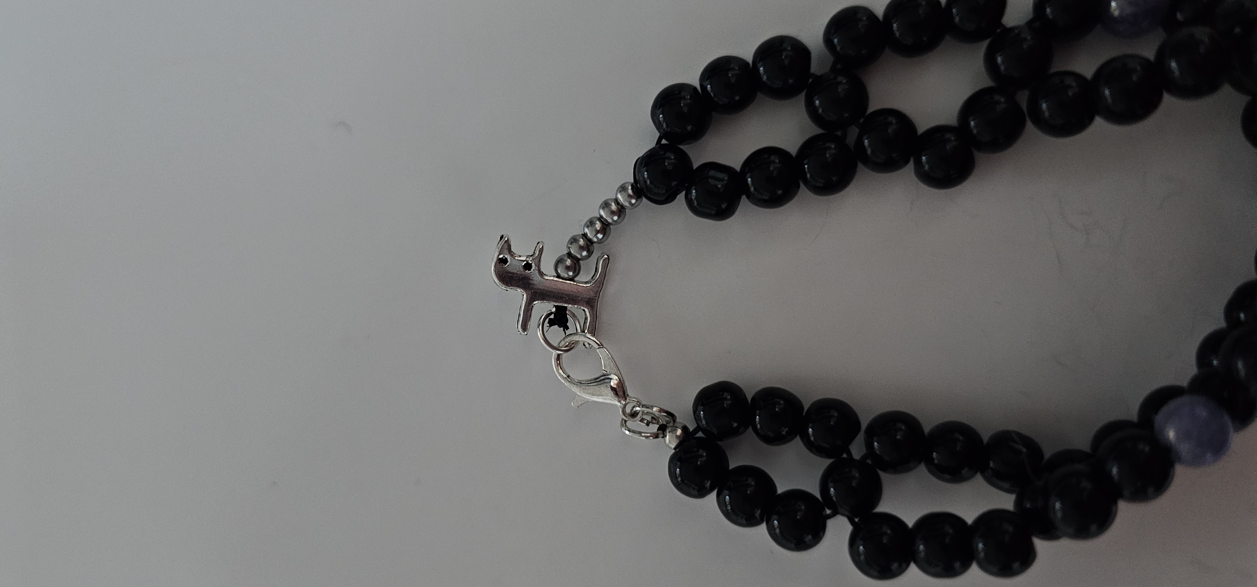 Black Double Strand Beaded Bracelet with Cat Charm