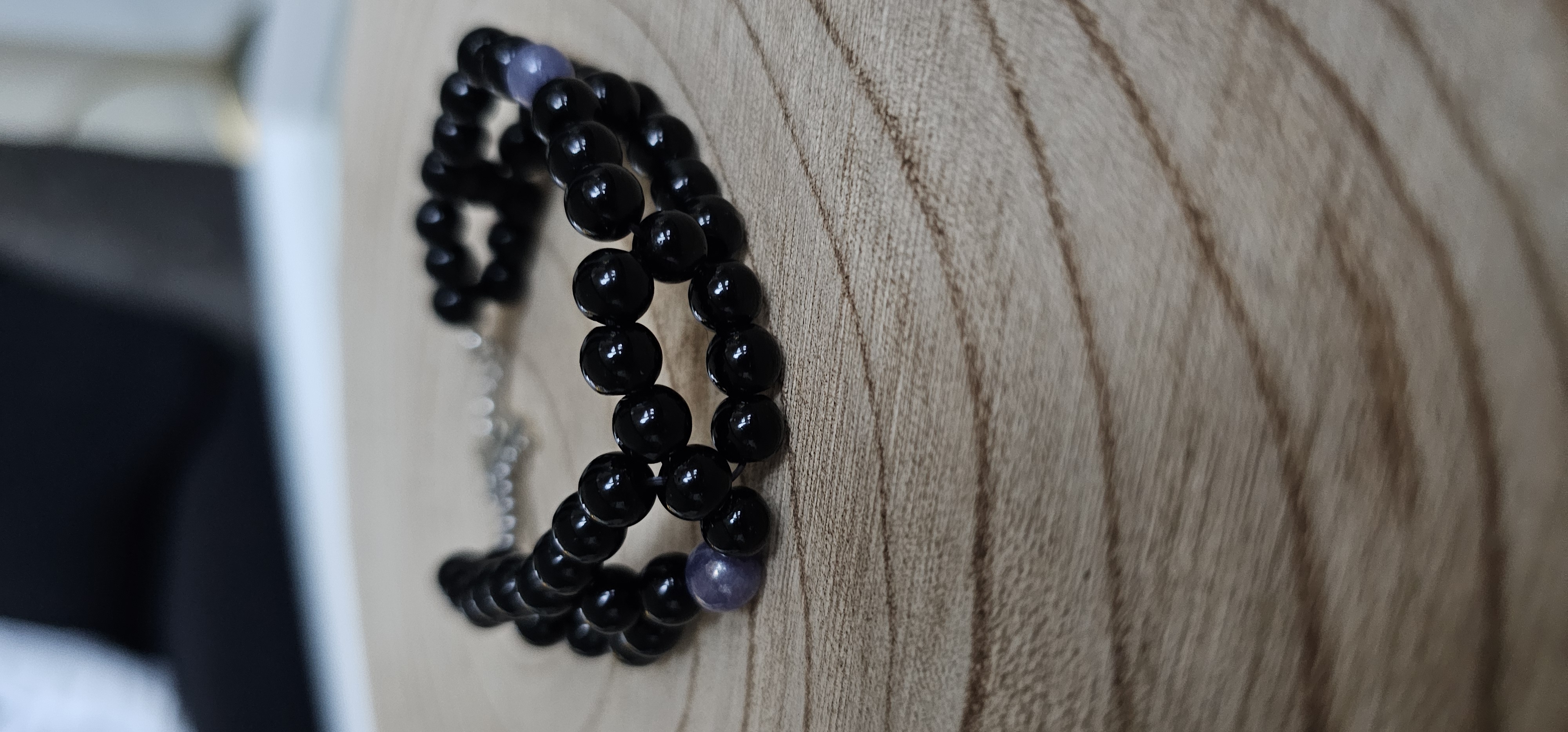 Black Double Strand Beaded Bracelet with Cat Charm