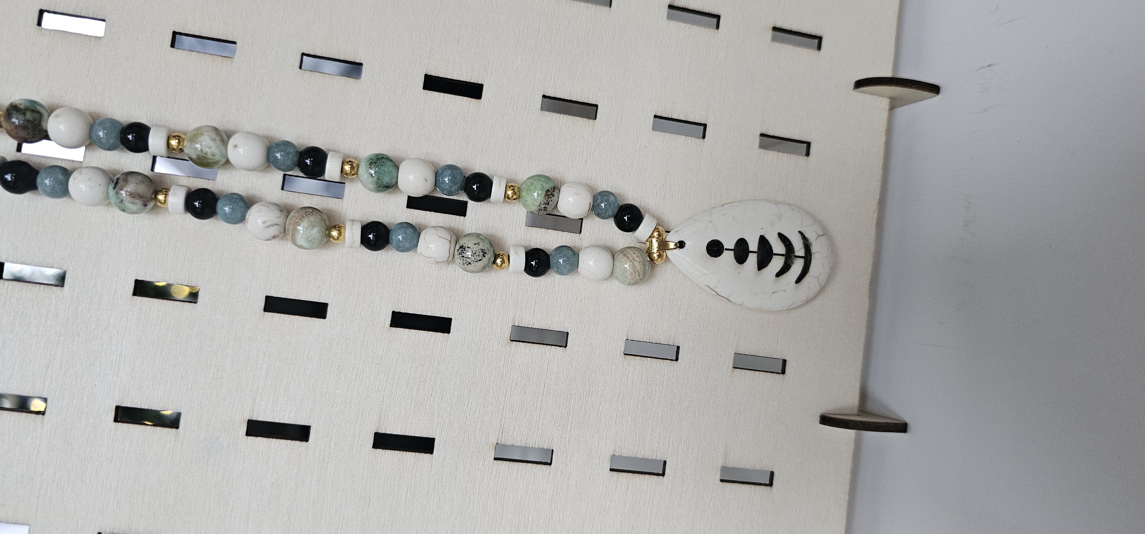 White Beaded Necklace with White Stone Pendant