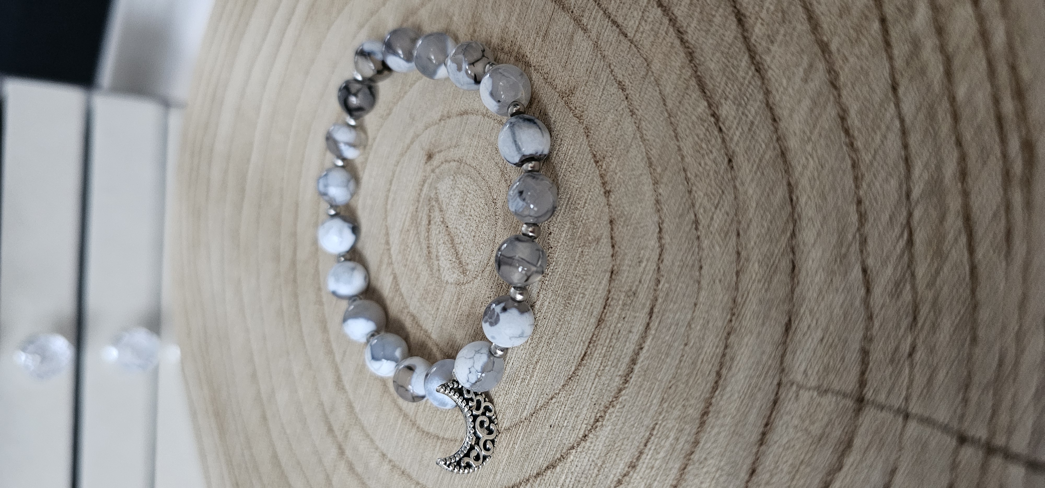Marble Bead Bracelet with Crescent Moon Charm 