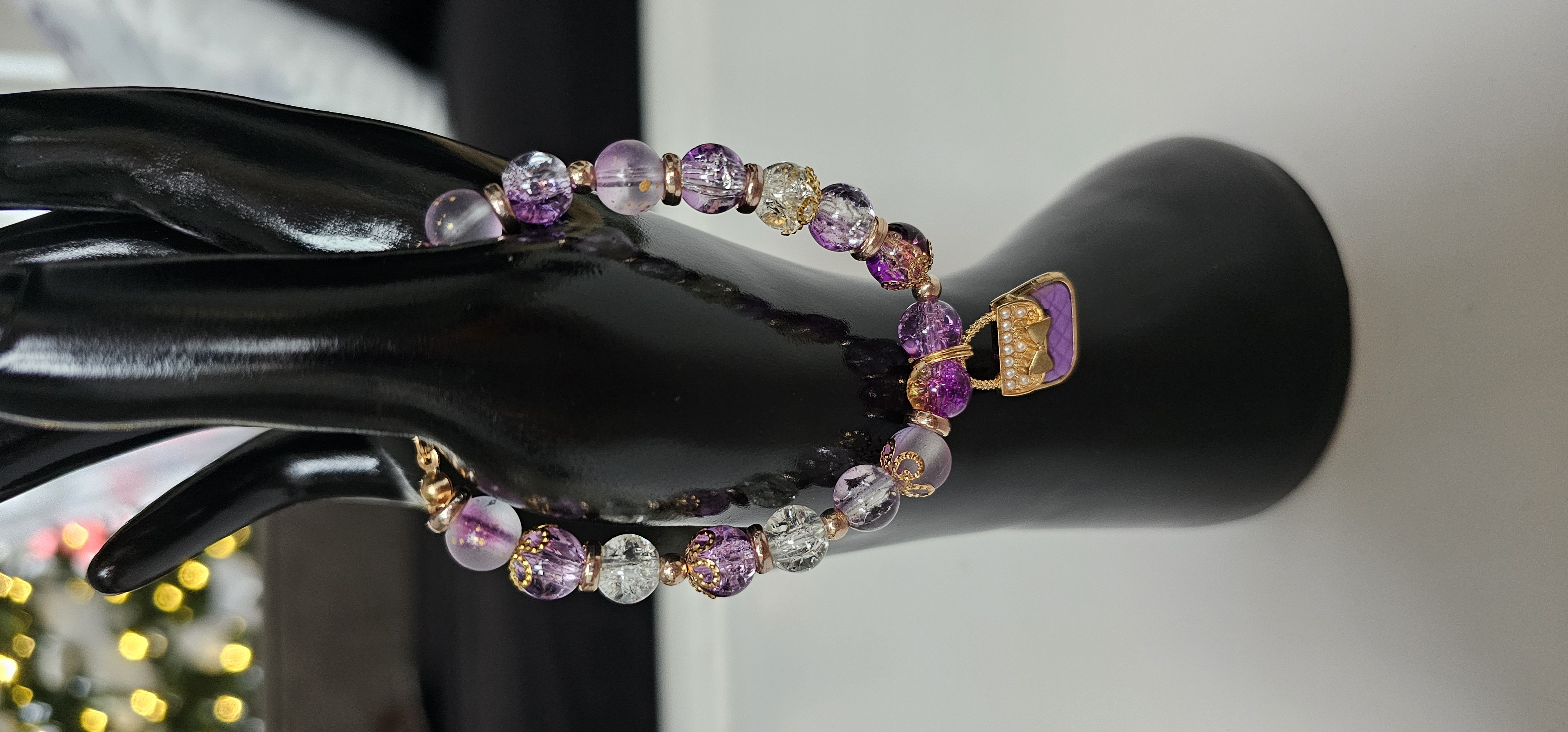 Purple and White Beaded Bracelet with Purse Charm