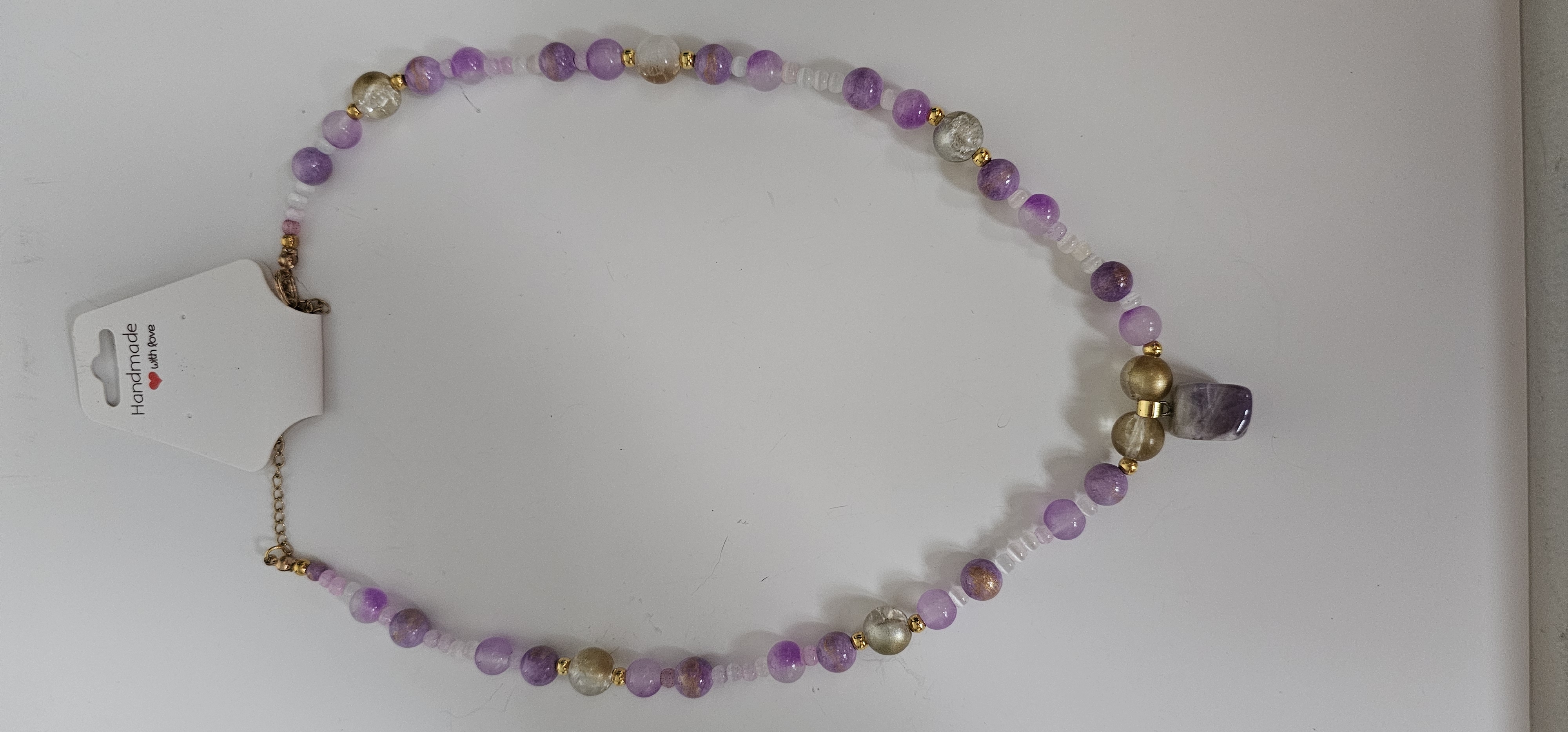 Purple and Gold Beaded Necklace with Purple Stone Pendant 