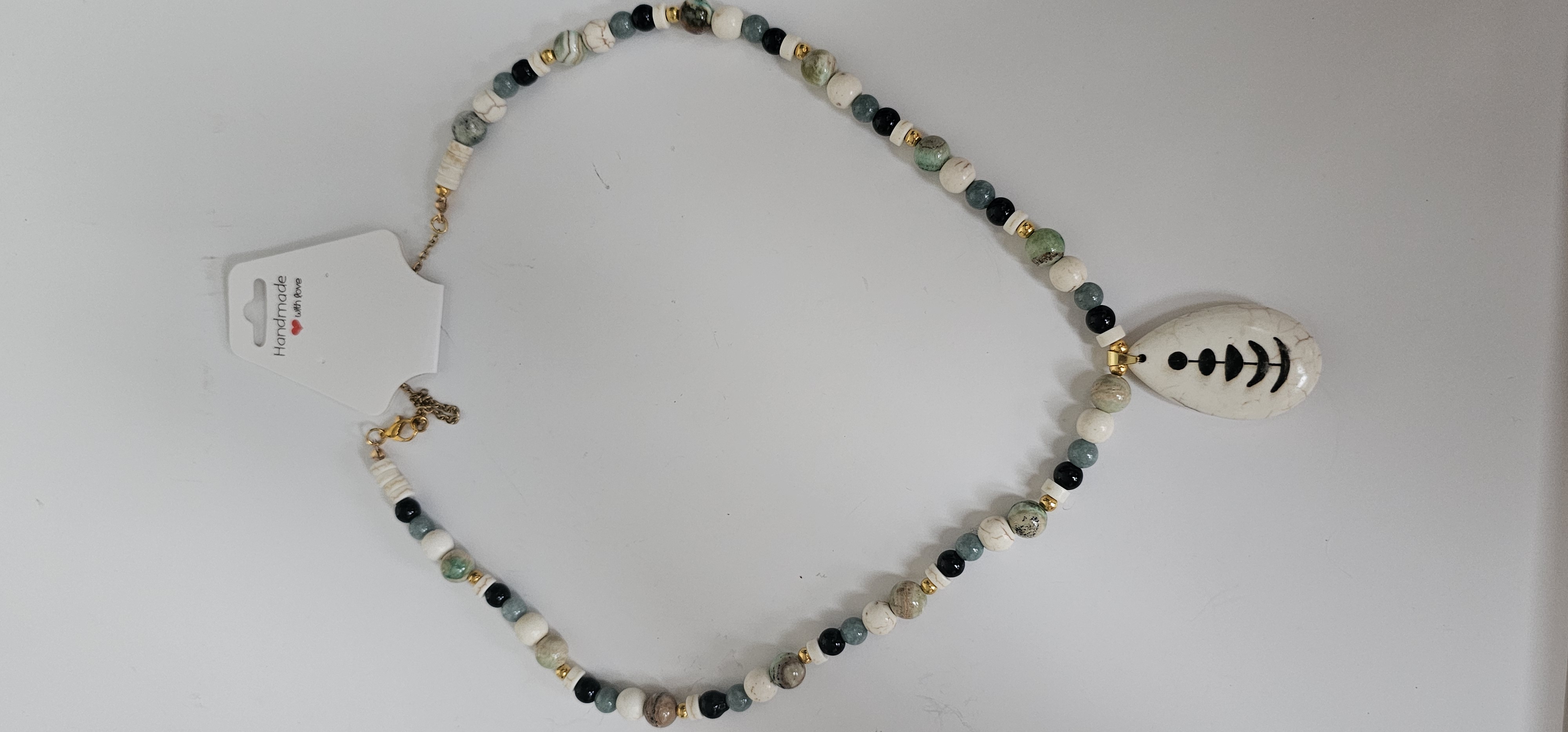 White Beaded Necklace with White Stone Pendant