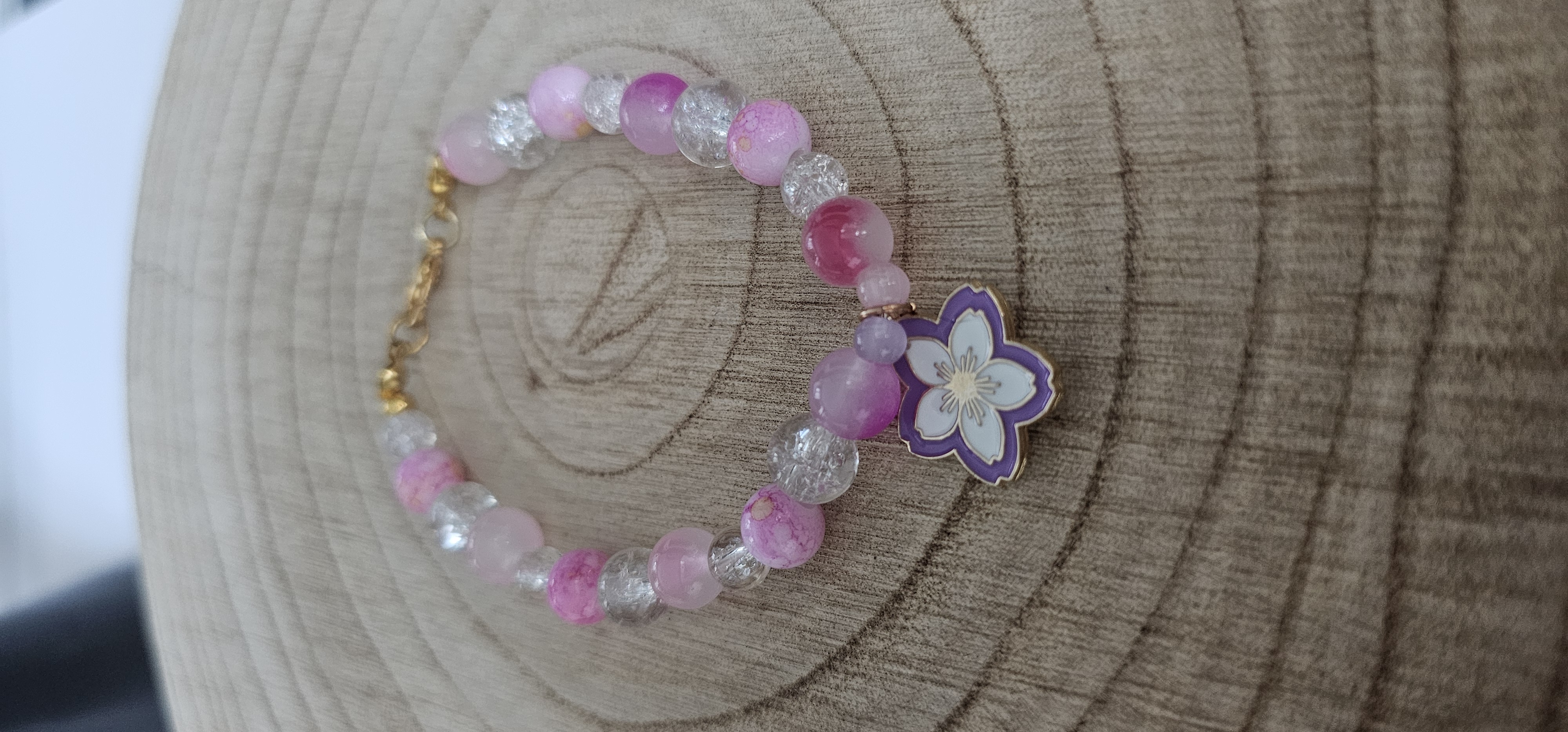 Pink Beaded Bracelet with Flower Charm